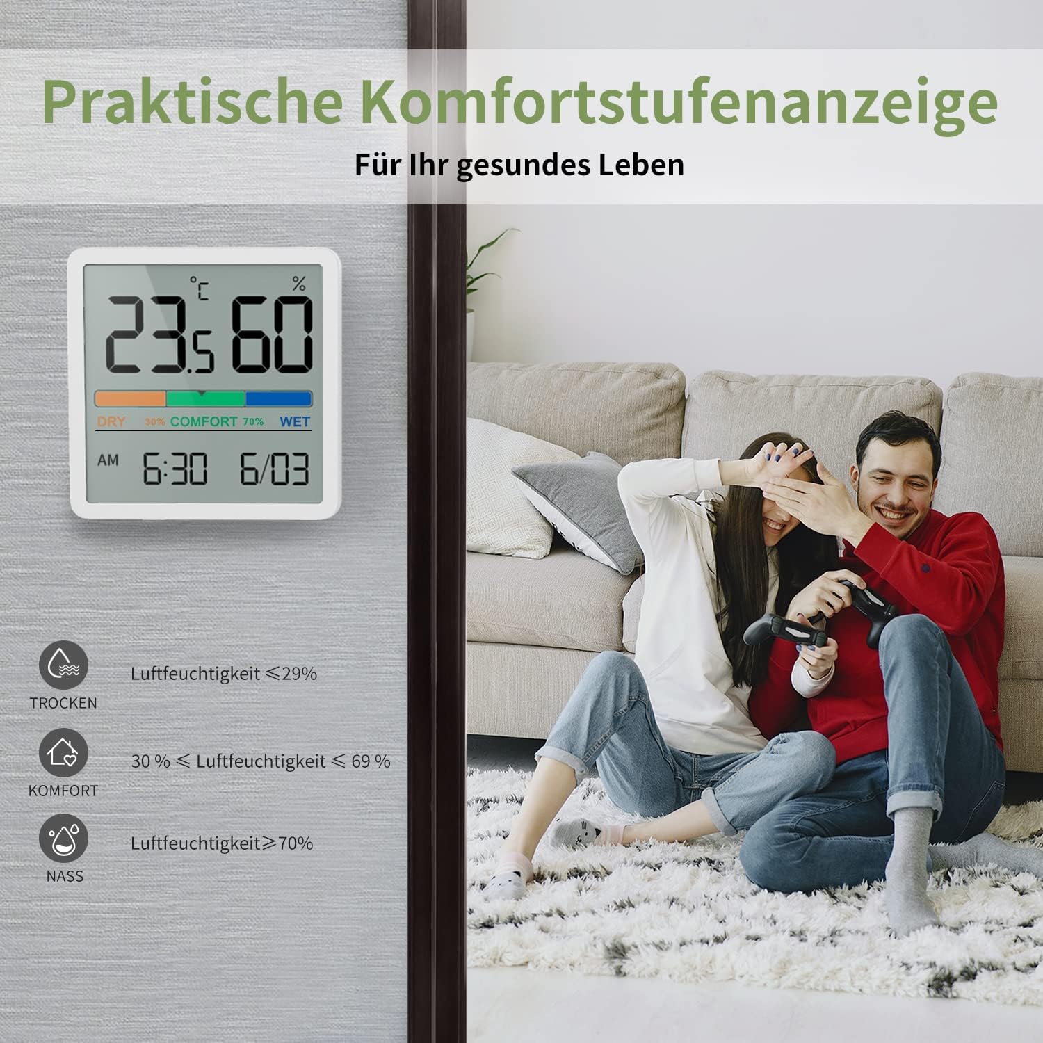 Noklead Digitales Thermo-Hygrometer, tragbares Innenthermometer-Hygrometer mit hoher Genauigkeit, Temperatur- und Luftfeuchtigkeitsmessgerät für Raumklimakontrolle, Raumluftüberwachung, Klimamonitor, Weiß – Bild 5