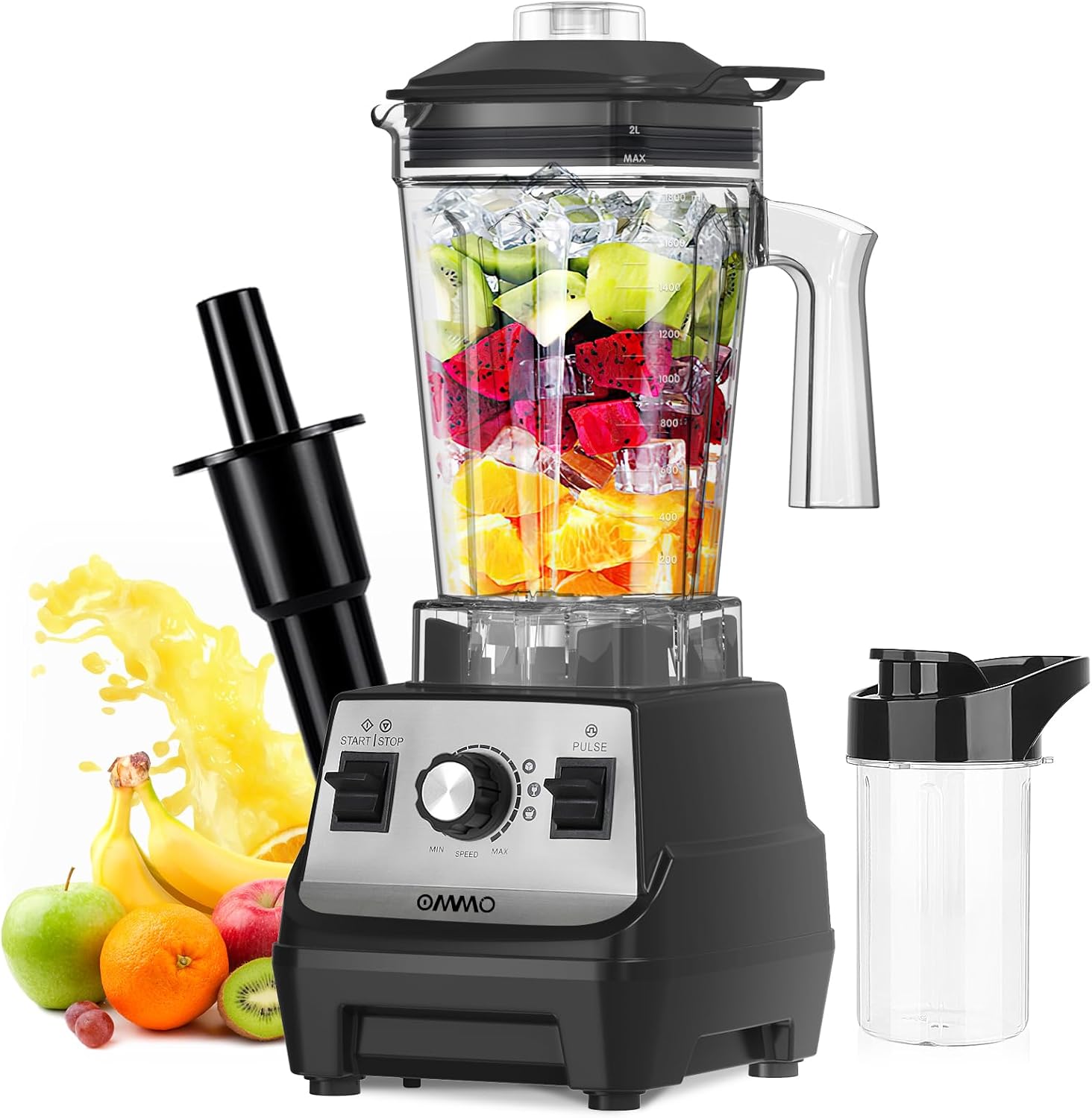 OMMO 1,8 L Standmixer Hochleistungsmixer, Smoothie Maker, 300 ml To-Go-Becher, 6-Wege-Metallmesser, Pulse-Funktion, max. 1800 W, Becher BPA-frei, Eis-Crusher, Protein-Shake-Mixer