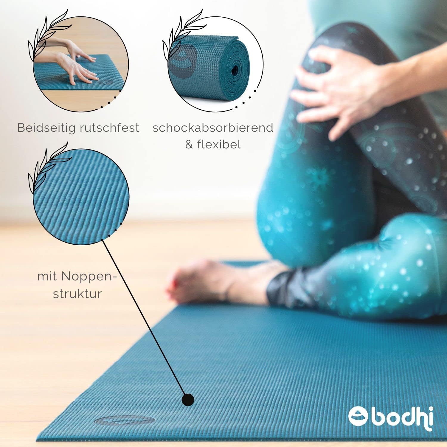 Bodhi Yogamatte Asana, rutschfeste Trainingsmatte, ungiftig & waschbar, PVC-Matte, Fitnessmatte für Yoga, Pilates und Gymnastik, rutschfeste Matte für Ihre Yoga-Praxis, Mattenstärke 4,5 mm – Bild 4