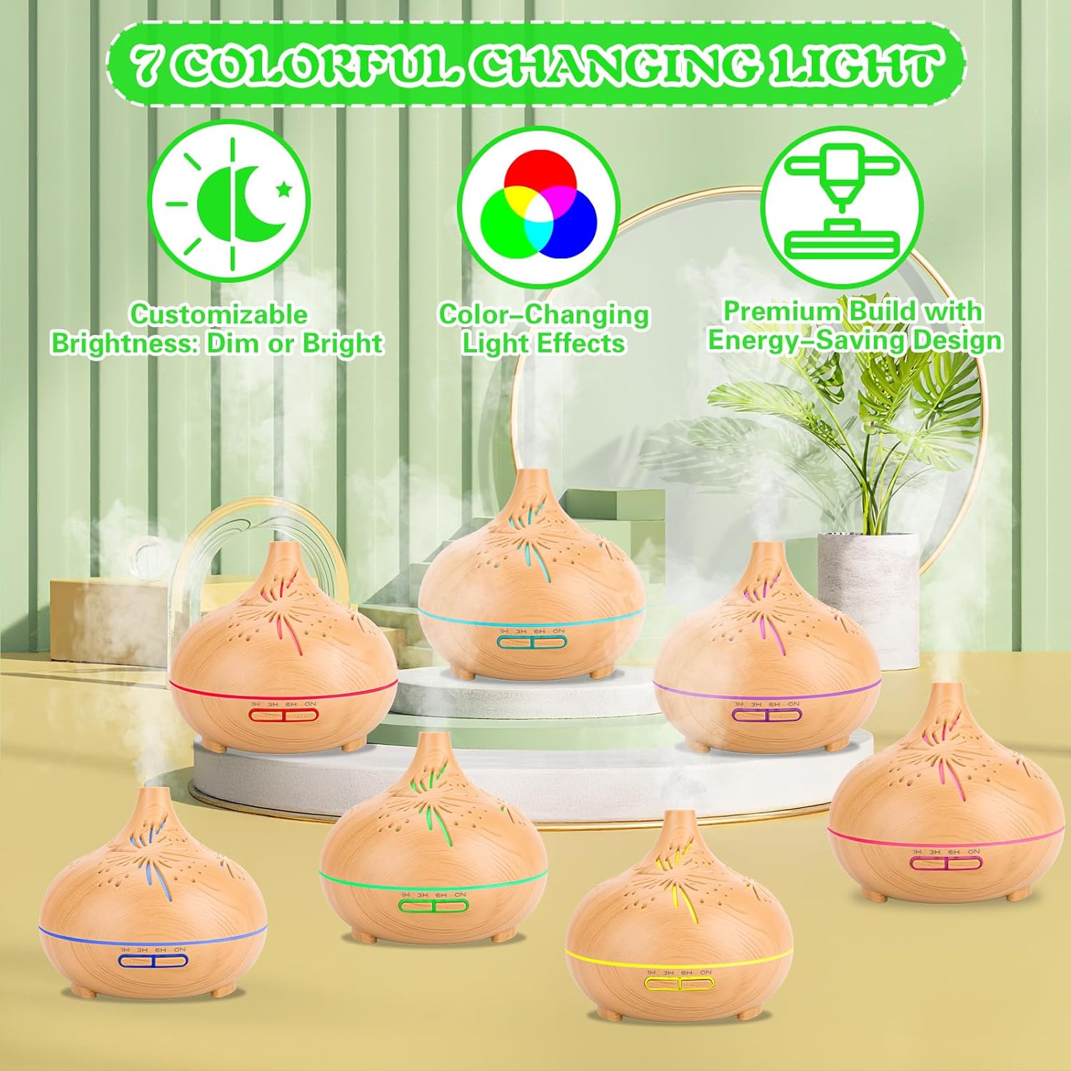 Aromadiffusor 550 ml, Ultraschall-Luftbefeuchter in Holzoptik mit Fernbedienung, 7 LED-Farben mit Dimmung & Helligkeit, Timer 1/3/6H, Aromatherapie-Diffusor für Schlafzimmer, Wohnzimmer, Yoga & Büro – Bild 2