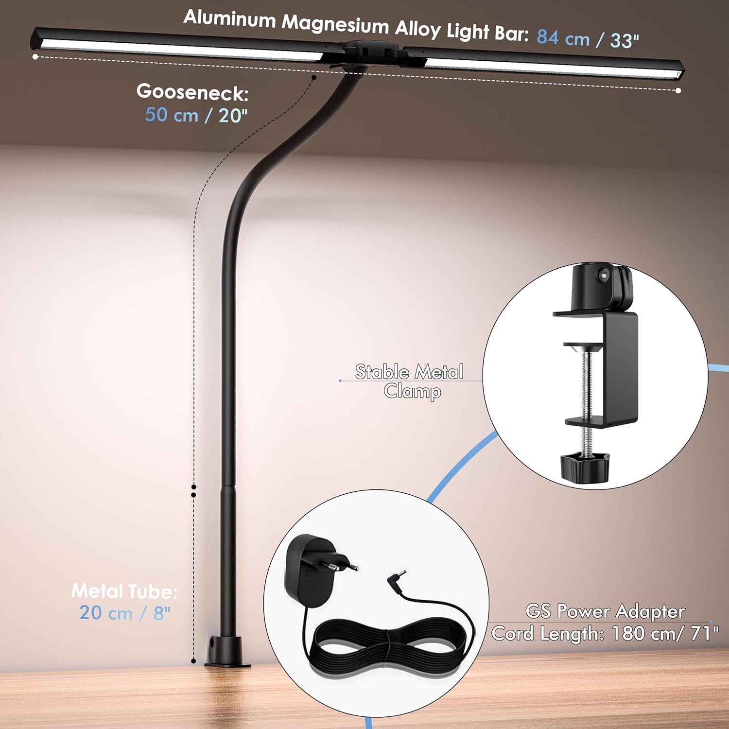 EYOCEAN Schreibtischlampe, Doppelkopf-Schreibtischlampe, klemmbar, 24 W 80 cm, Tageslichtlampe Schreibtisch mit Fernbedienung, dimmbare Monitorlampe, Büro-Tischlampe, Augenschutz-Bildschirmlampe – Bild 7