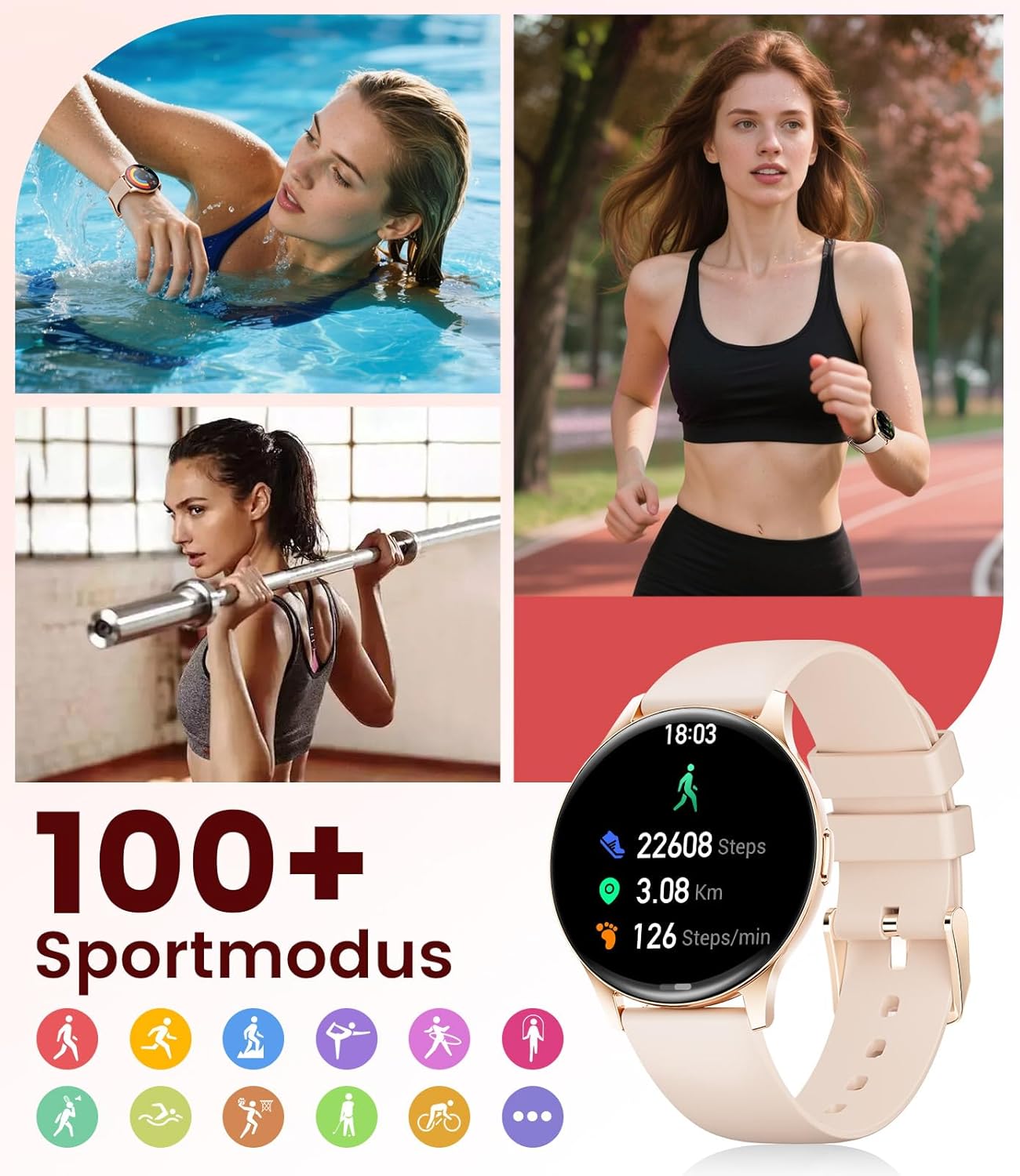Damen-Smartwatch mit Anrufen – 7,99 mm ultradünne elegante Fitnessuhr mit 1,43 Zoll HD Always-On-Display, IP68 wasserdicht, 100+ Sportmodi, Damengesundheit für iOS Android, Roségold – Bild 5