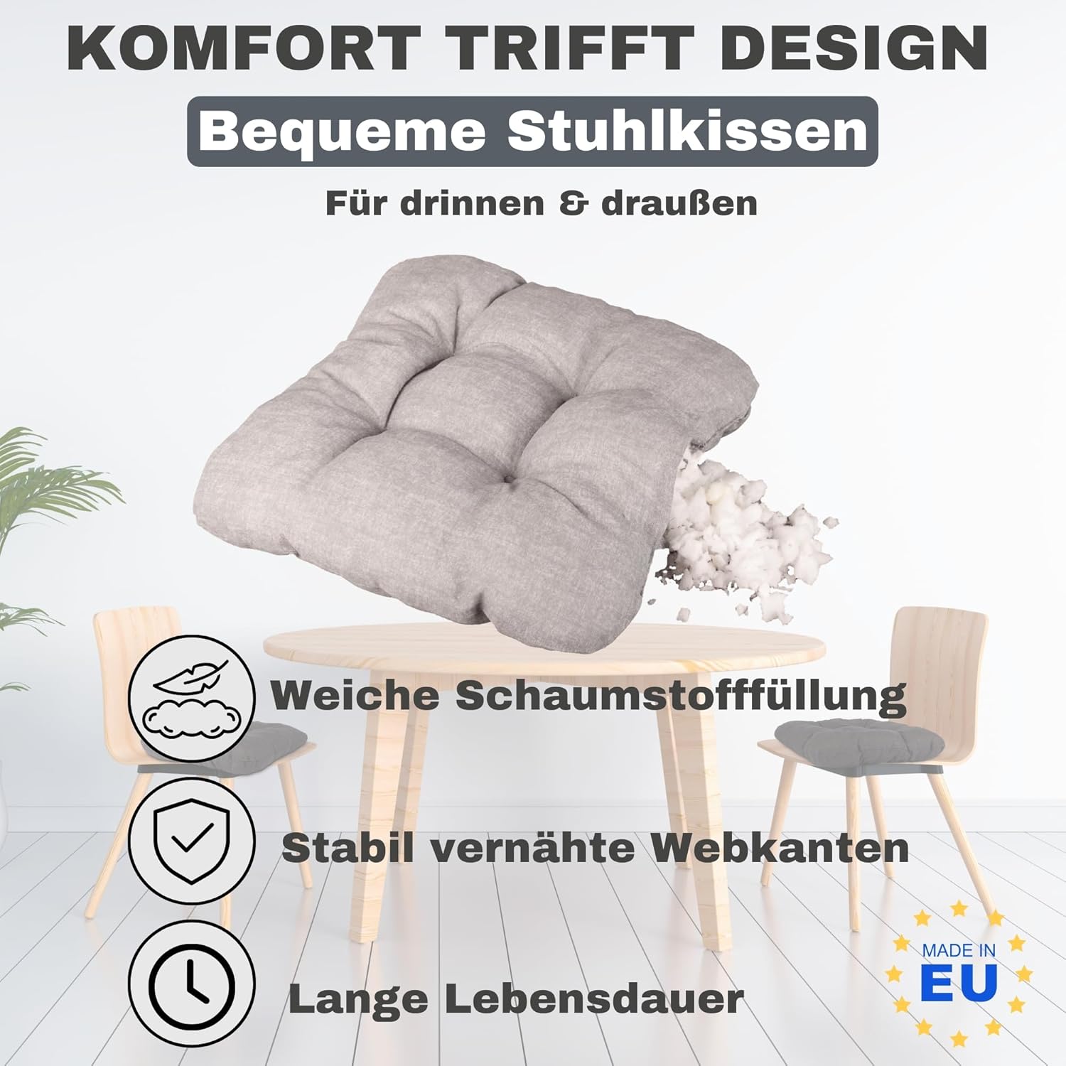 HLKauf 4er-Set graue Sitzkissen, 36 x 36 x 6 cm, weiche Kissen, für Garten, Camping, Gastronomie oder Bistro, Öko-Tex und hergestellt in der EU – Bild 4