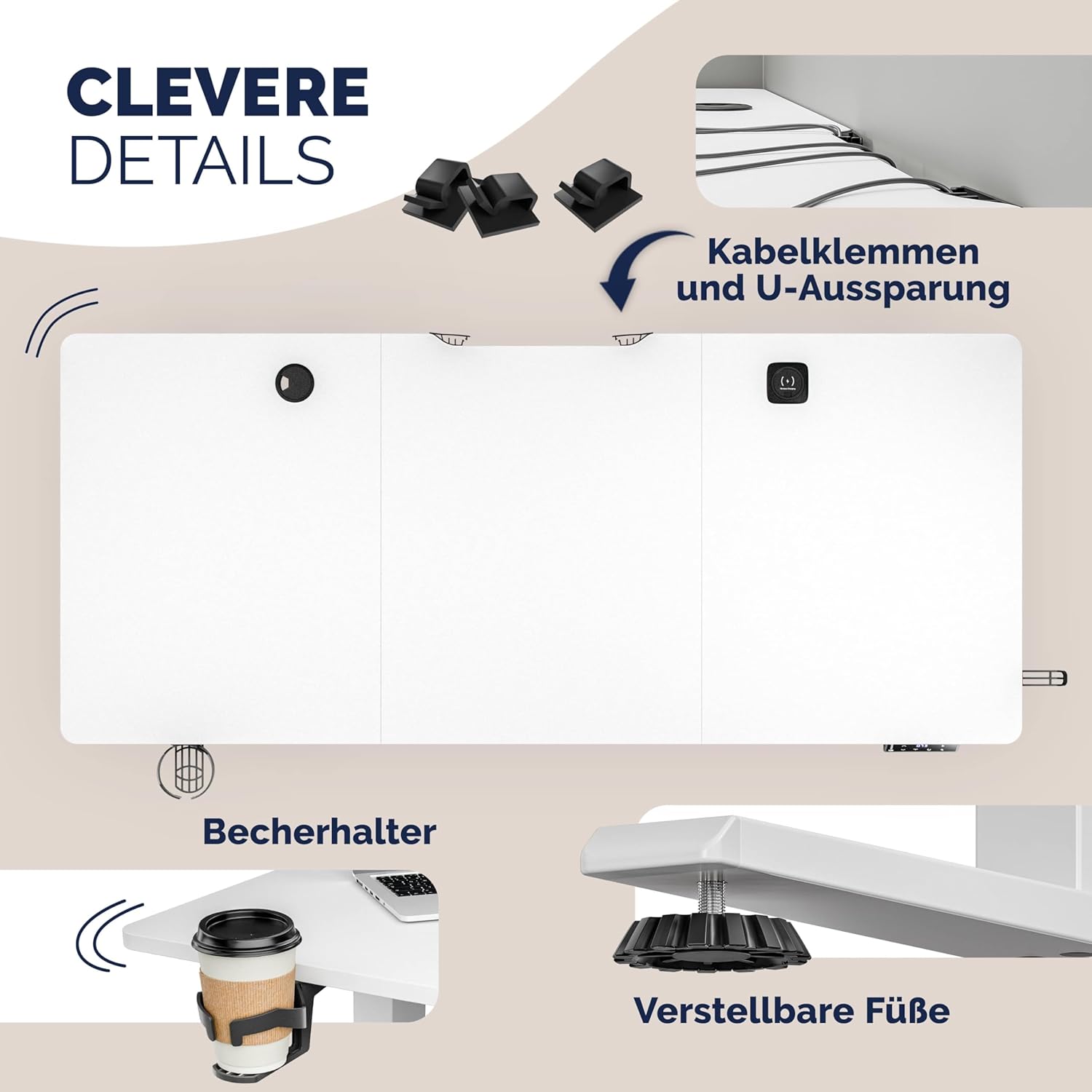 Casaria Höhenverstellbarer elektrischer Schreibtisch 120 x 60 cm mit kabellosem Ladegerät und USB-C/A-Anschluss, LCD-Display, Memory-Funktion, 80 kg Tragkraft, ergonomisch, Weiß – Bild 5