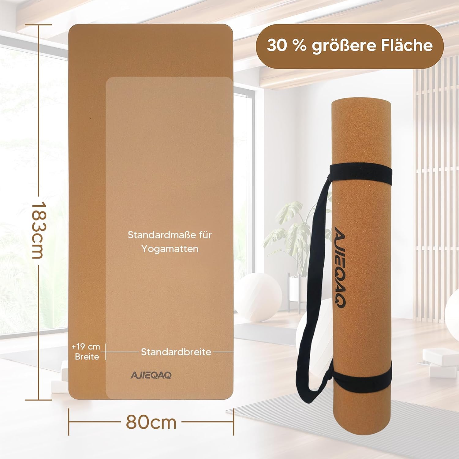 Premium Kork-Yogamatte aus Naturkautschuk – extra breit (183 x 80 cm) & 5 mm dick – rutschfeste XXL-Fitnessmatte für Yoga, Pilates & Gymnastik – gelenkschonend und formstabil – Bild 2