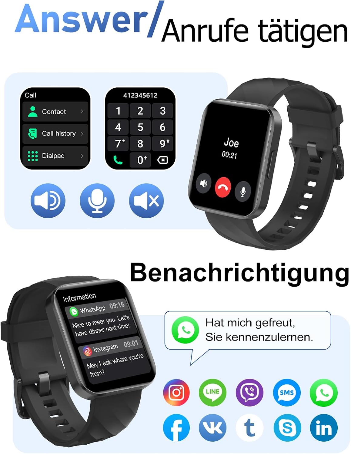 HUAKUA Smartwatch mit Telefonfunktion für Damen und Herren, über 100 Sportmodi, Fitnessuhr mit Herzfrequenzmesser, SpO2-Messung, Schlafüberwachung, Nachrichten für Android iOS – Bild 2