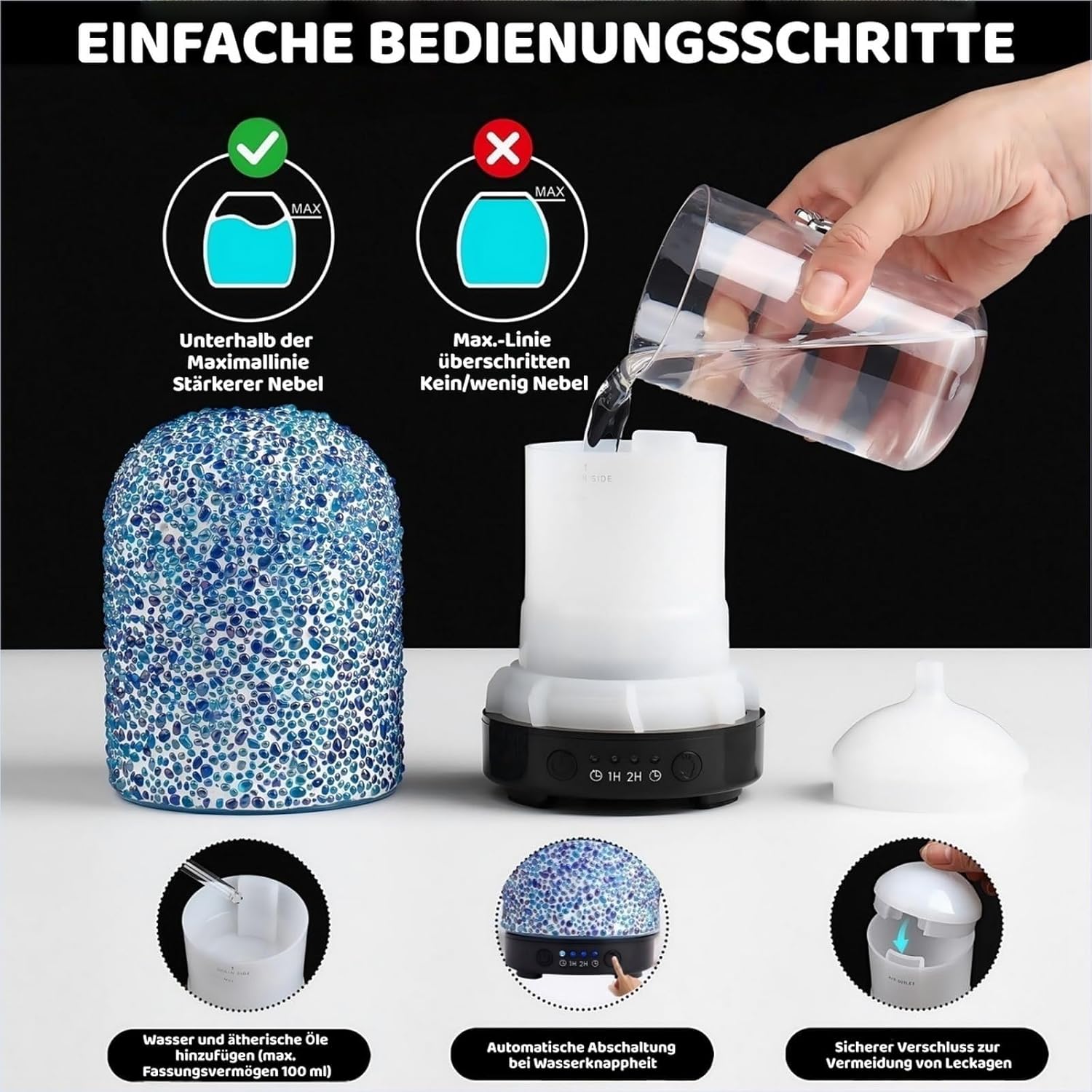 VOREEN Aromadiffusor mit manuell aufgeklebtem Mosaikglas, Ultraschall-Duftvernebler für ätherische Öle mit LED-Licht & Timer, Raumduftdiffusor für Schlafzimmer, Büro – Bild 4