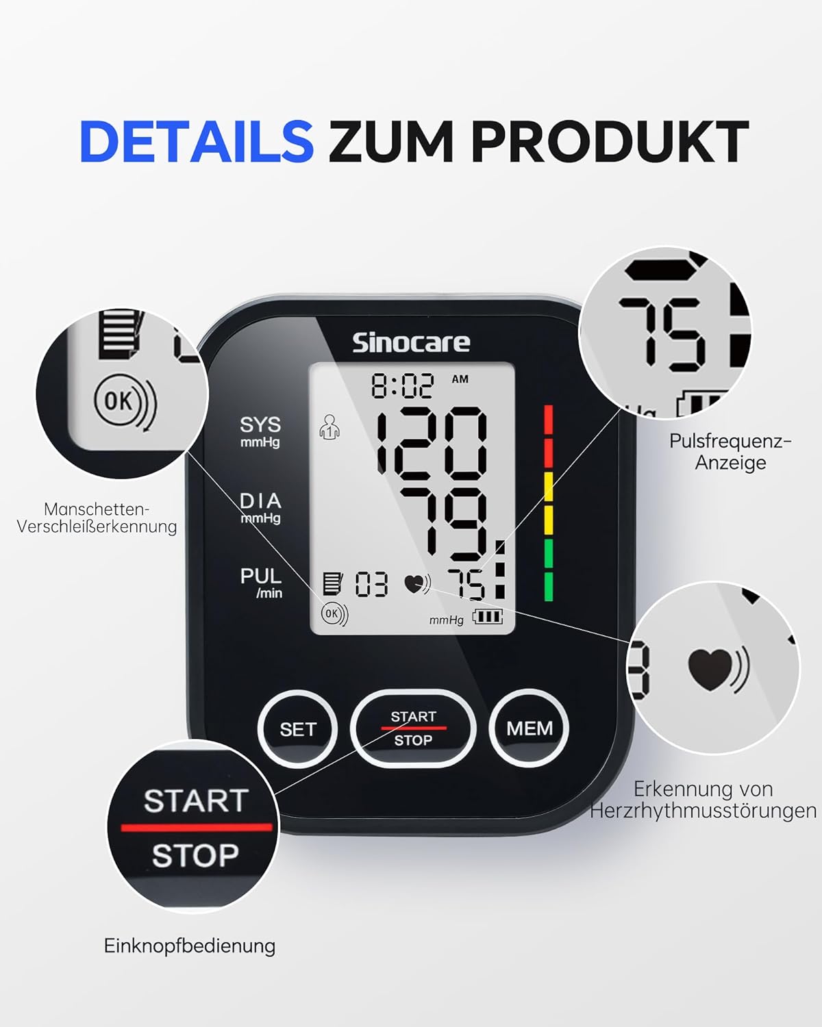 Sinocare Oberarm-Blutdruckmessgerät – klinisch validiert, 2 x 99 Speicher für 2 Benutzer, Ein-Knopf-Bedienung, XL-Manschette (22–42 cm), Arrhythmie-Erkennung – Bild 7