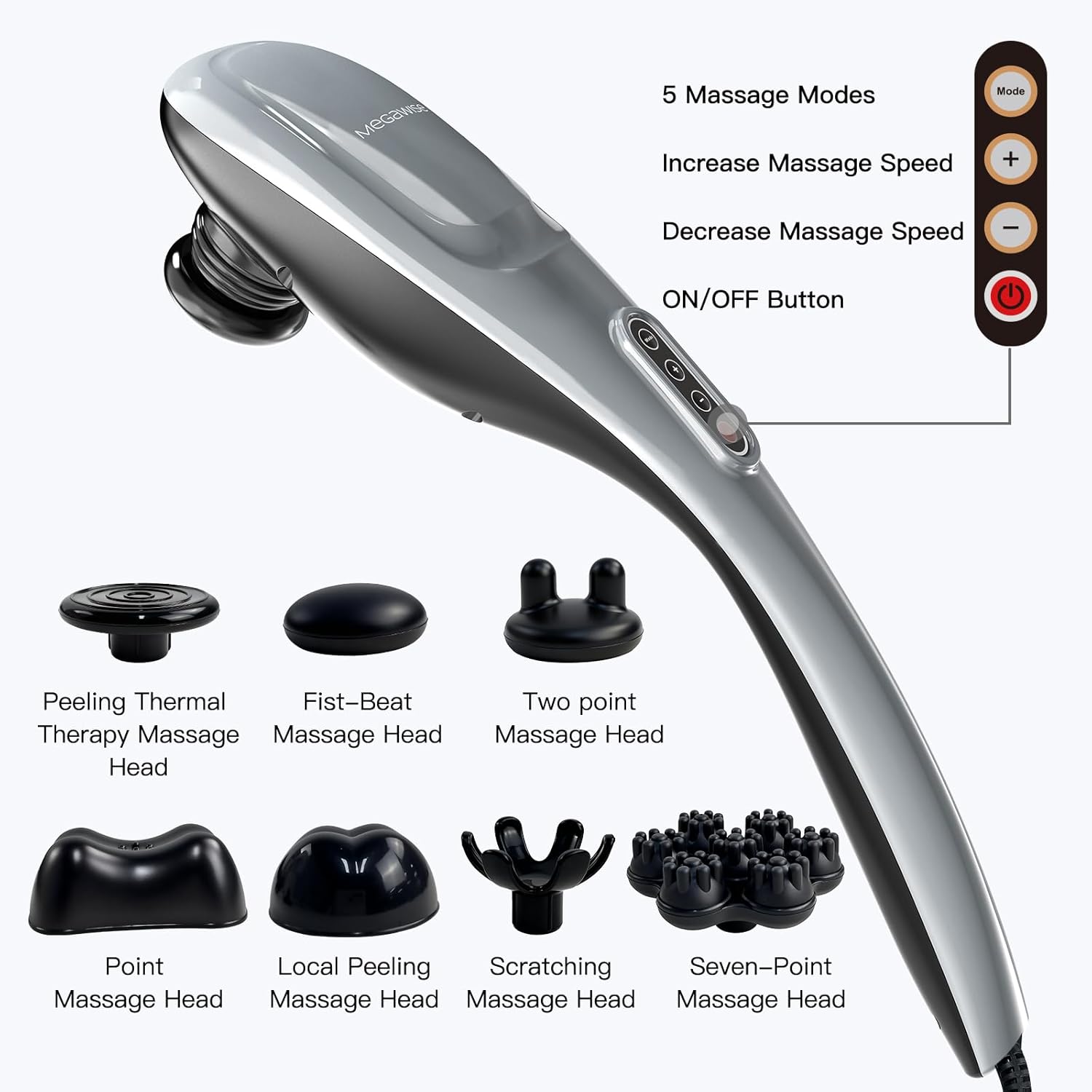 MegaWise Massagegerät, tragbares Tiefengewebe-Nacken-Rückenmassagegerät für Schultern, Taille, Beine, 3600 U/min, leistungsstarker Motor, elektrisches Nackenmassagegerät mit 5 Knoten und 5 Geschwindigkeiten – Bild 5
