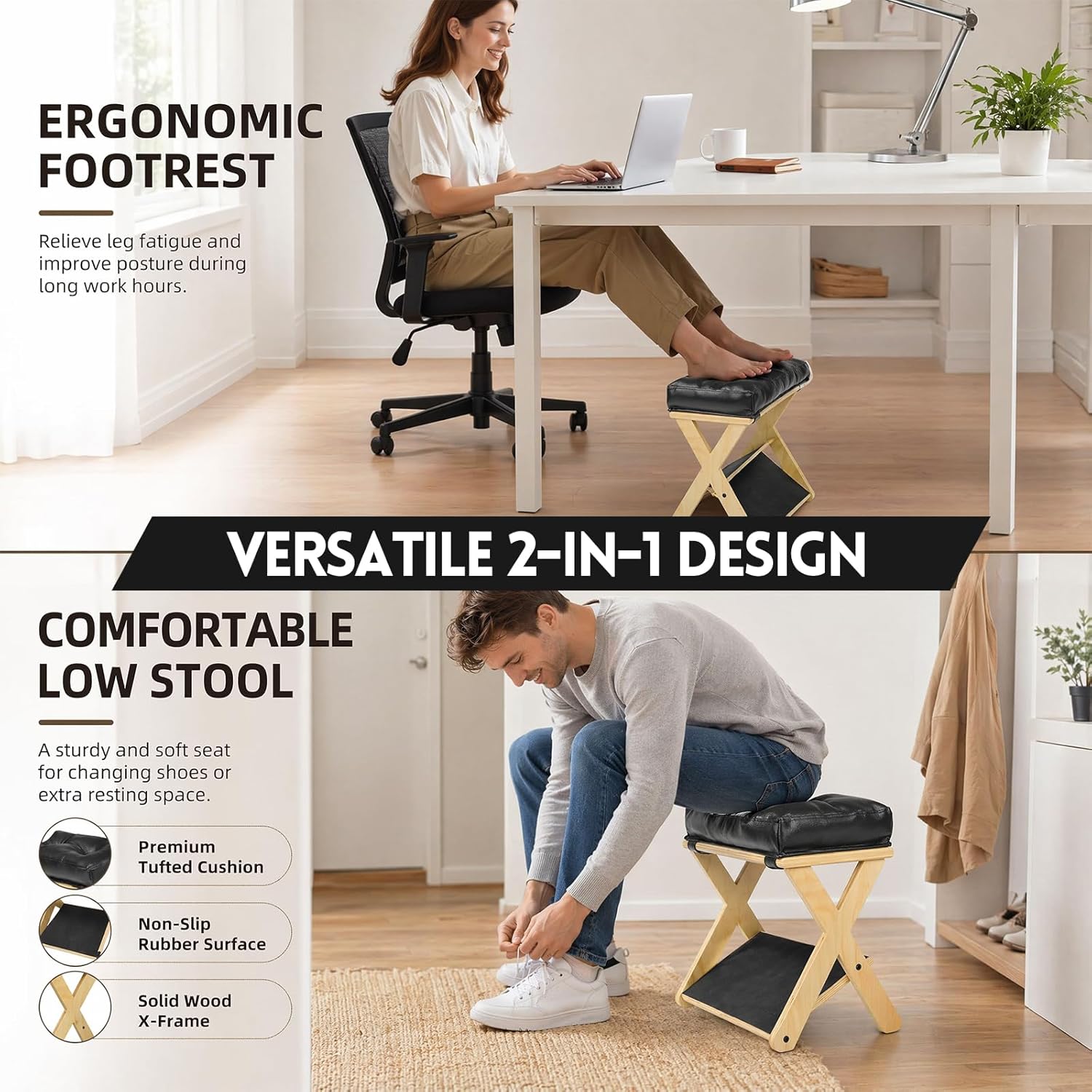 2-in-1 Fußstütze Schreibtisch, Ergonomischer Fußablage aus Holz, Rutschfeste Fußablage Fußhocker mit abnehmbarem Weichenpolster, Premium Fußbank Fußstütze für Zuhause Büro – Bild 5
