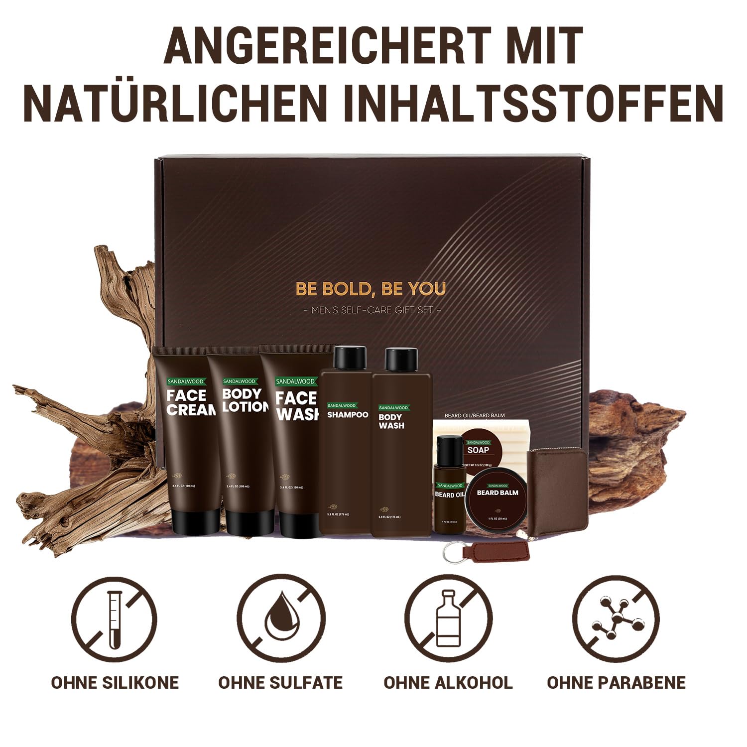 BODY & EARTH Geschenke für Männer – Sandalwood Männerpflege-Geschenkset, 10-teiliges Pflegeset mit Bartöl, Balsam, Shampoo & Accessoires, Geburtstagsgeschenk für Männer, Vatertagsgeschenk – Bild 4