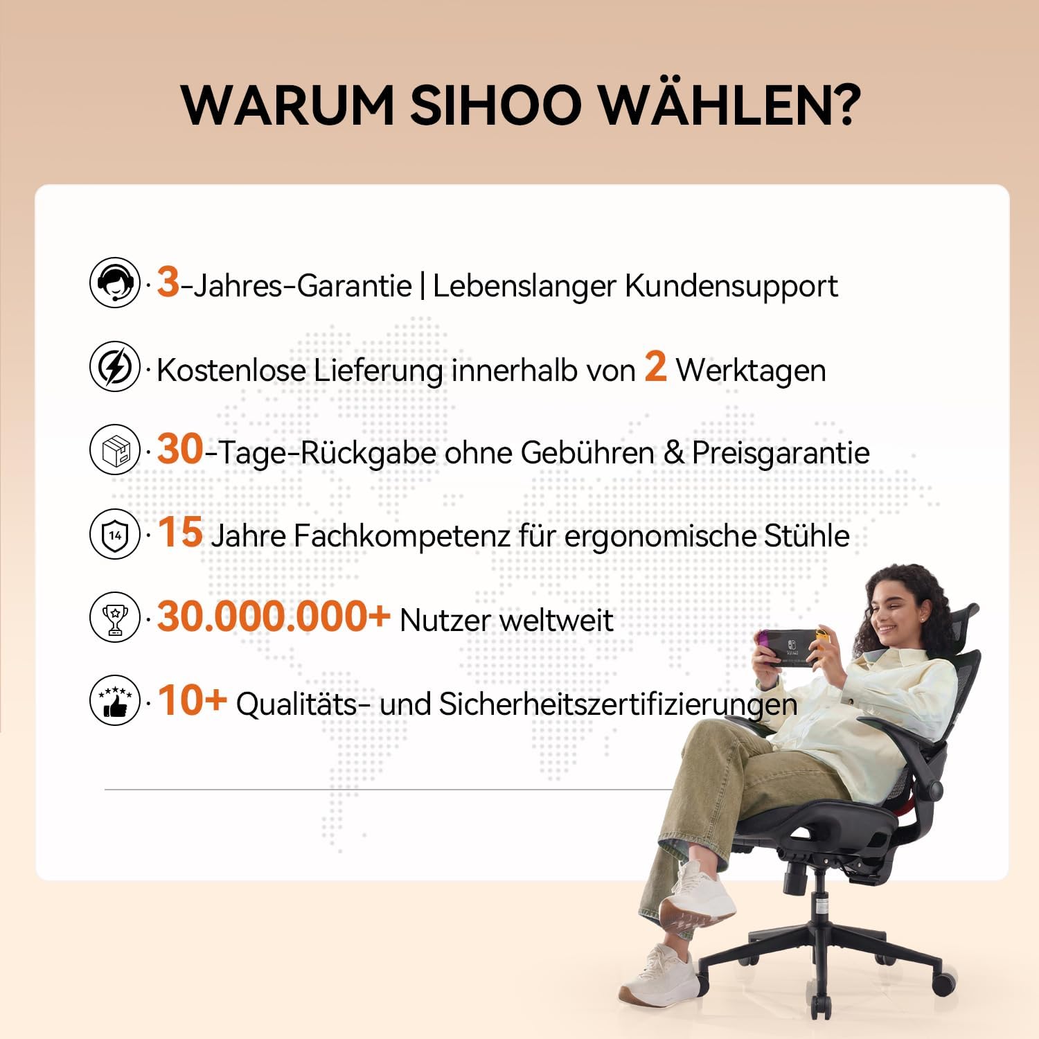 SIHOO Ergonomischer Bürostuhl, Schreibtischstuhl mit dynamischer 4D-Lendenwirbelstütze, breiter Kopfstütze und klappbaren Armlehnen, 90–135° neigbar, Schwarz – Bild 11