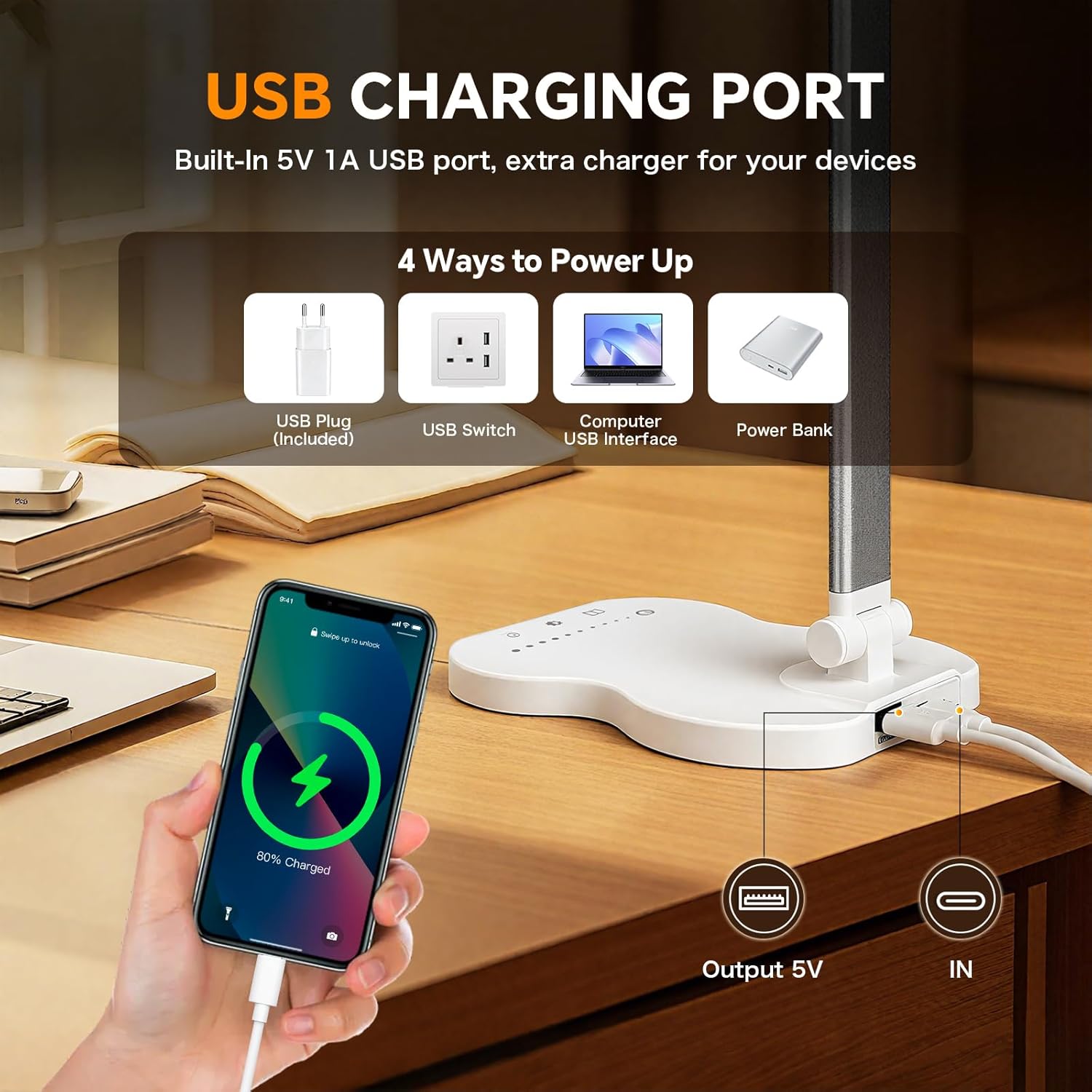 Caldarax Schreibtischlampe LED Dimmbar, Augenschutz Schreibtischlampe, 5 Farben und 10 Helligkeitsstufen, mit Timer und Touch-Steuerung, Tischlampe USB-Anschluss zum Lesen, Büro, Nachttisch, Arbeitszimmer (Weiß) – Bild 4