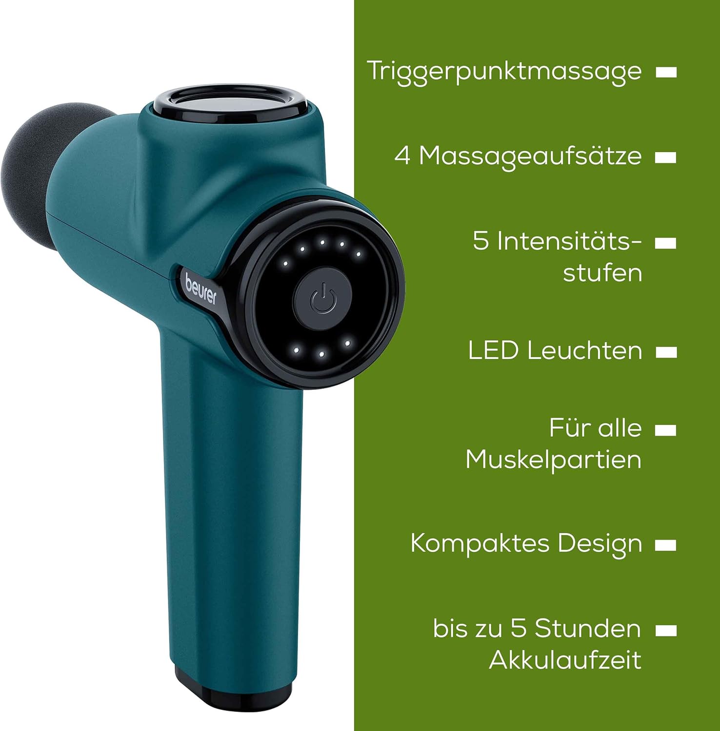 Beurer MG 99 Massagepistole, handliche Massagepistole mit 4 Aufsätzen, kraftvolle Triggerpunktmassage, entspannende Verspannungen, kompaktes Muskelmassagegerät mit 5 Intensitätsstufen & Akku – Bild 7