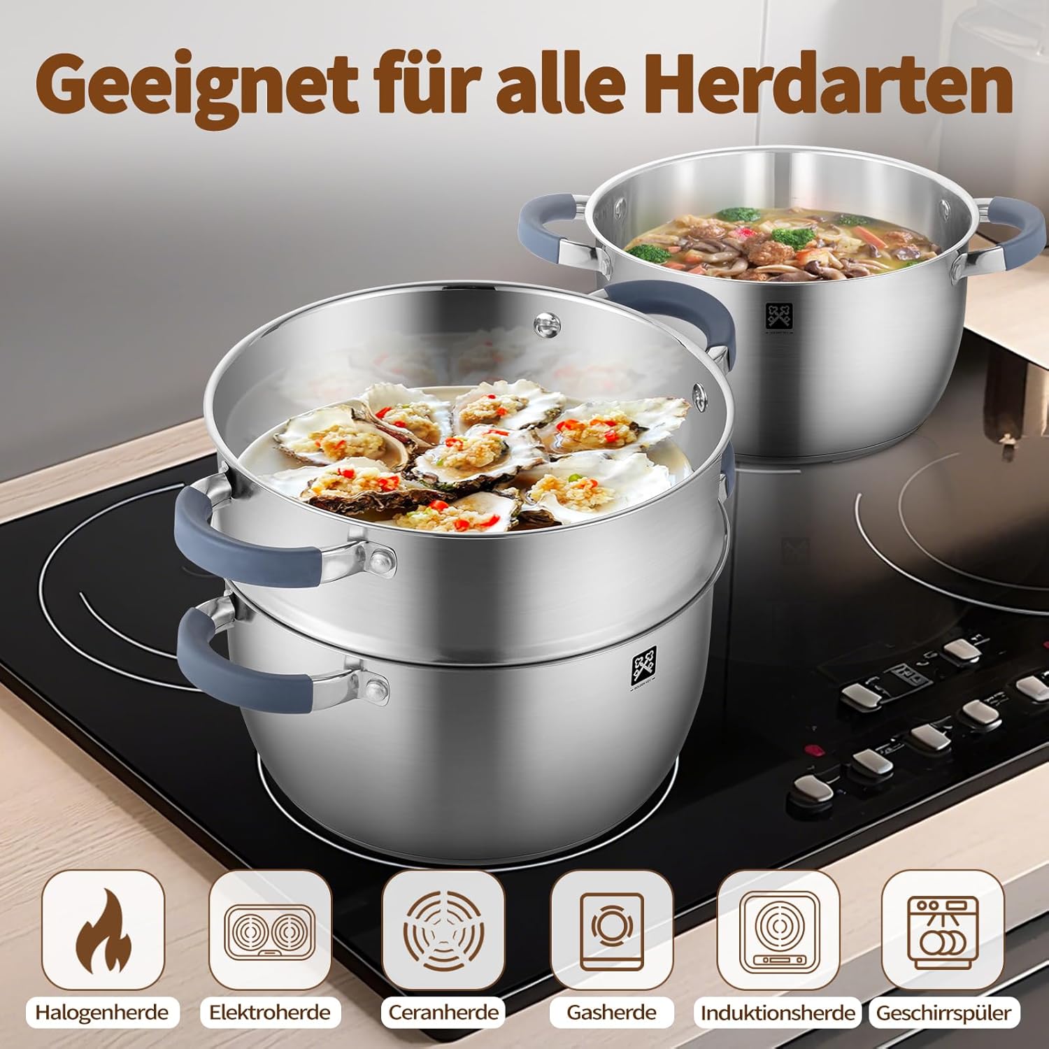 Dampfgarer mit Glasdeckel 24 cm, Edelstahl 5,3 l Dampftopf inklusive Dampfkorb, Induktionsdämpfer, Kartoffeldämpfer, Couscous-Topf, geeignet für Gemüse, Suppen, Knödel, Backofen und Spülmaschine – Bild 4