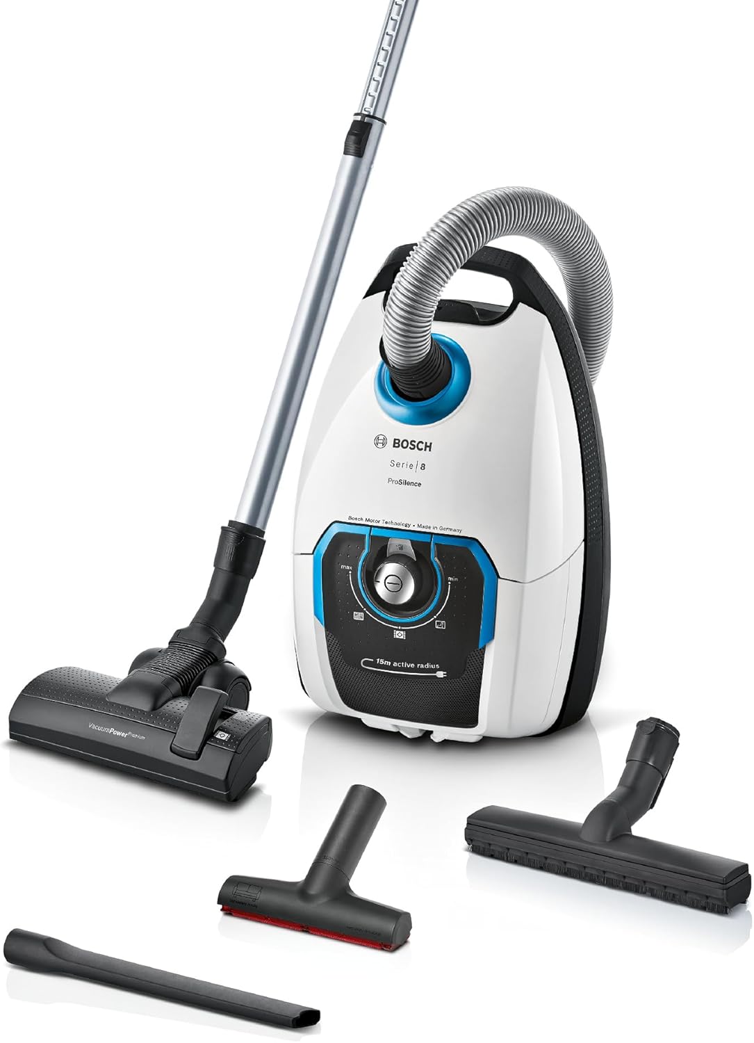 Bosch ProSilence Serie 8 BGB75XSIL Staubsauger mit Beutel, ideal für Allergiker, Hygienefilter, Hartbodendüse, langes Kabel, hergestellt in Deutschland, 650 W, weiß