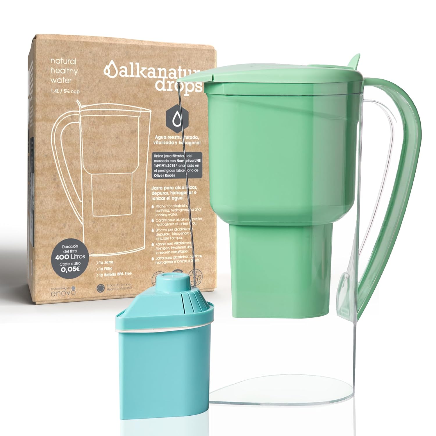 Wasserfilterkrug grün für Leitungswasser mit geringem Magnesiumausstoß, filtert Wasser, unterstützt die Ionisierung und setzt Magnesium ab pH 9 frei. 1,4 Liter Fassungsvermögen, filtert Kalk, Chlor und Metalle ohne