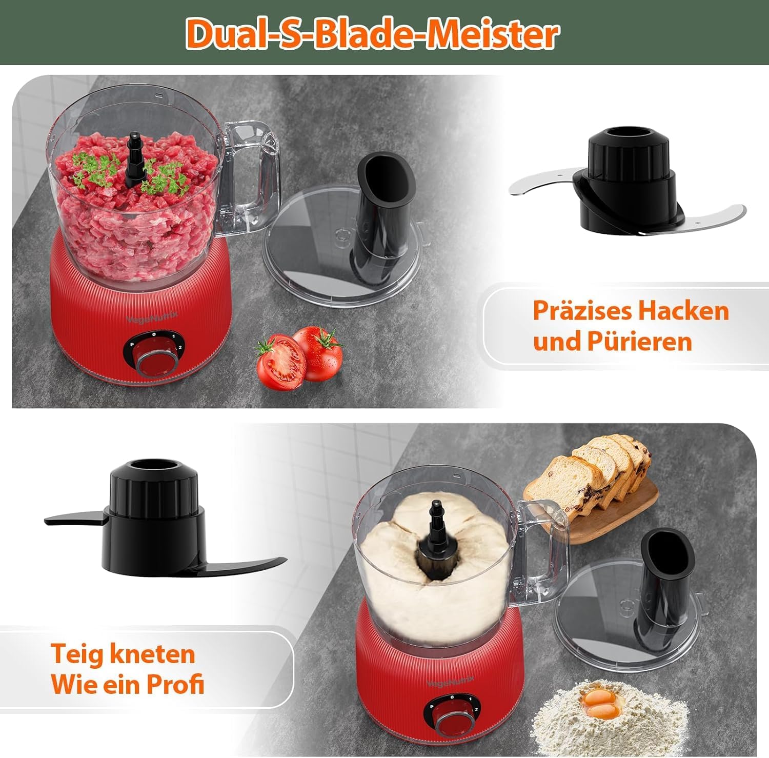 1500 W Küchenmaschine und Mixer-Kombination, 2,5 l Zerkleinerer für Fleisch, Gemüse und Teig, 2 l Standmixer mit Glasbehälter, 2 Geschwindigkeitsstufen und Pulse-Funktion für Smoothies, Saft usw. – Bild 4
