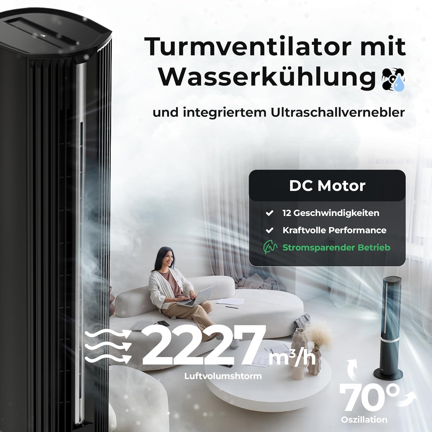 Balter 5-in-1 mobiles Klimagerät ohne Abluftschlauch – Ventilator mit Wasserkühlung – Luftkühler & Luftreiniger, Luftbefeuchter – Turmventilator mit Wasserkühlung – Timer – sehr leise – Bild 4