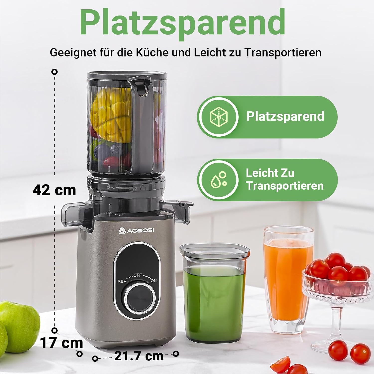 AAOBOSI SlowJuicer für Gemüse und Obst, hohe Saftausbeute, elektrischer Entsafter mit Umkehrfunktion, leicht zu reinigen, BPA-frei – Bild 7