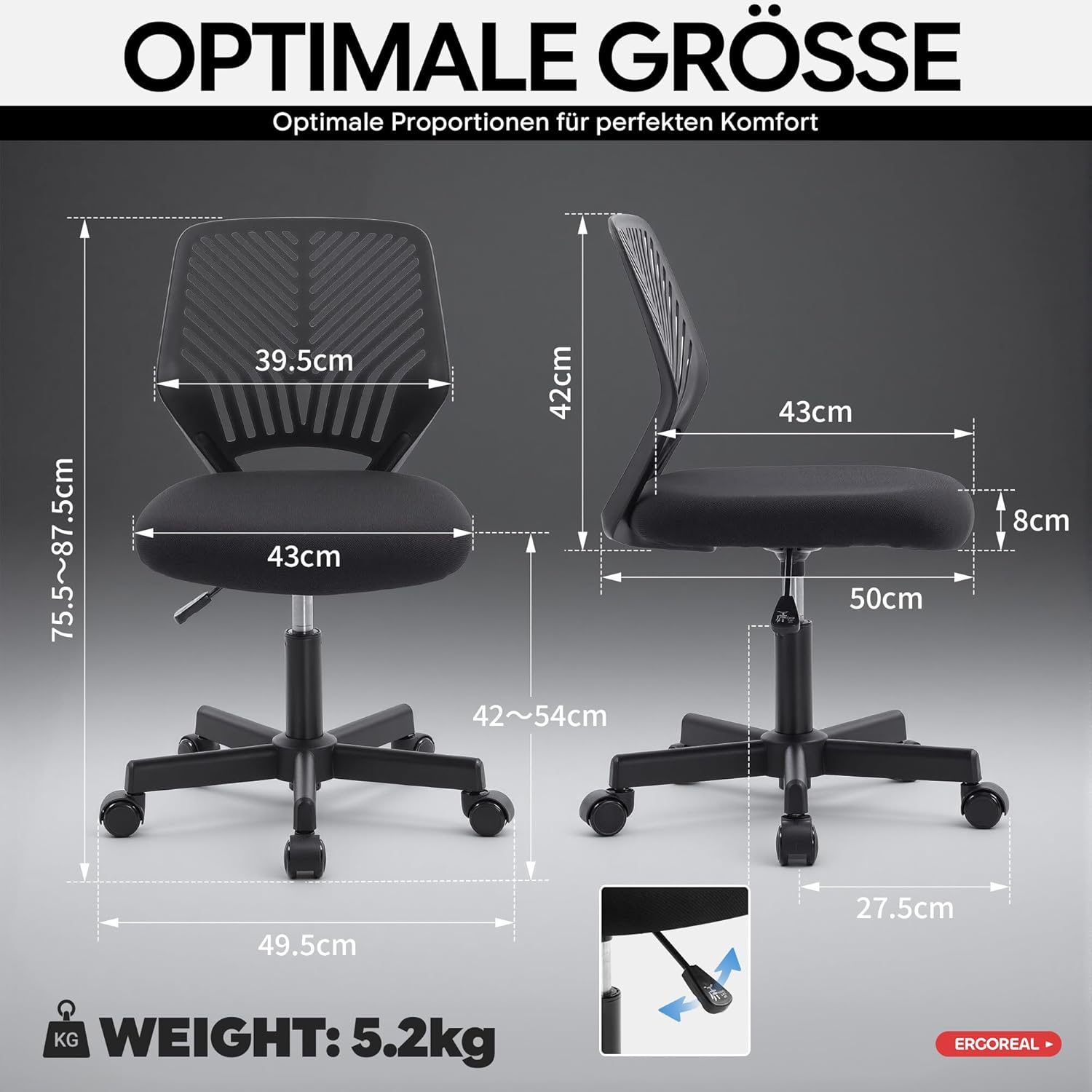 Ergonomischer Bürostuhl ohne Armlehne, Bürostuhl mit Rollen und Höhenverstellung, gemütlicher Bürostuhl mit ergonomischer Rückenlehne, Heimbüro/Arbeitszimmer/Arbeitszimmer (Tiefschwarz) – Bild 2