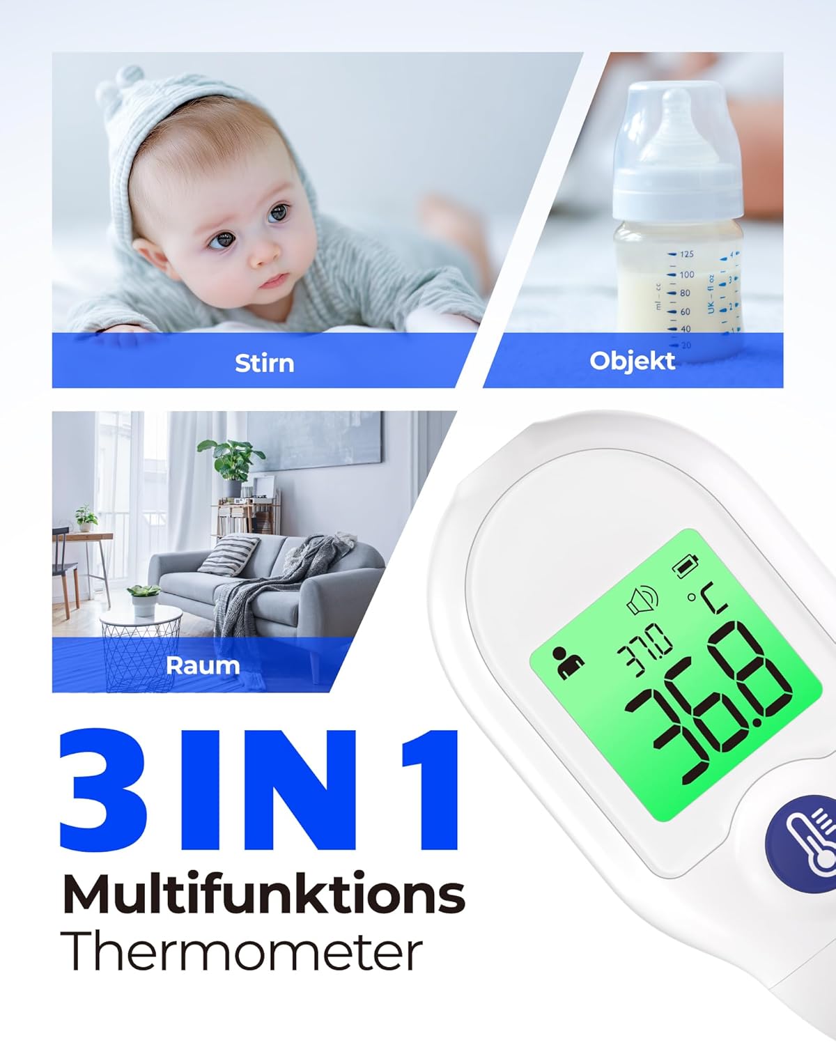 Femometer Fieberthermometer für Babys, Kinder und Erwachsene, kontaktlos, Infrarot, Messung in 1s, dreifarbiges Display, Objekt- und Raumtemperatur, tragbar für den Reisegebrauch, Fieberwarnung, weiß – Bild 6