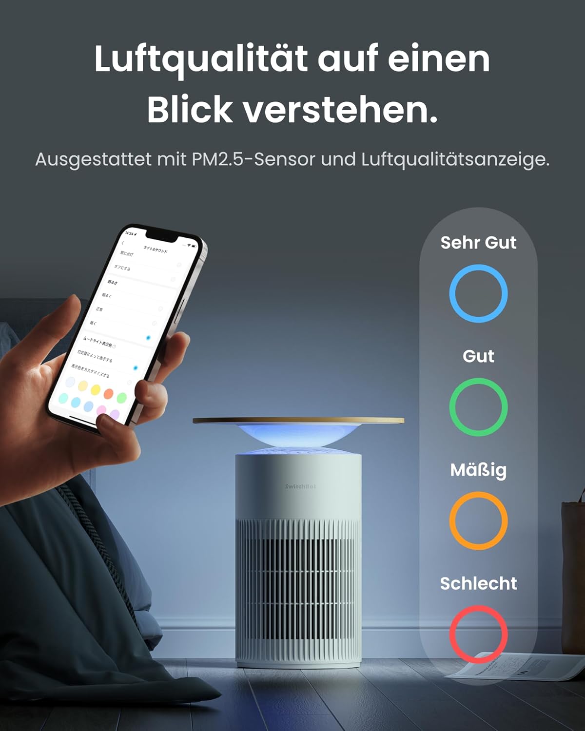 SwitchBot-Luftreiniger mit App-Steuerung und Nachtlicht, CADR 400 m³/h bis zu 83㎡ Raum, HEPA-Filter entfernt 99,97 % Schimmelstaubpollen – Bild 8