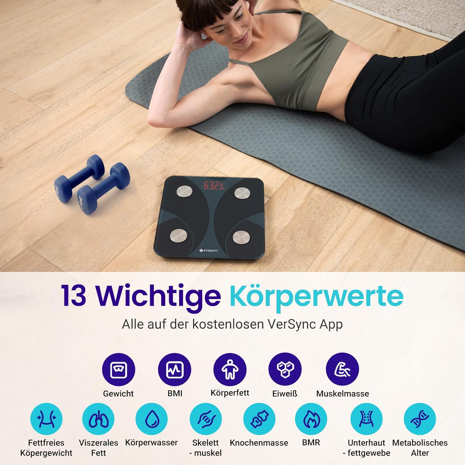 Etekcity Digitale Personenwaage mit Körperfett und Muskelmasse, 180 kg Körperfettwaage, Fitnesswaage, 13 Körperwerte, Körperfett, BMI, Muskelmasse, Protein, BMR, Schwarz – Bild 3