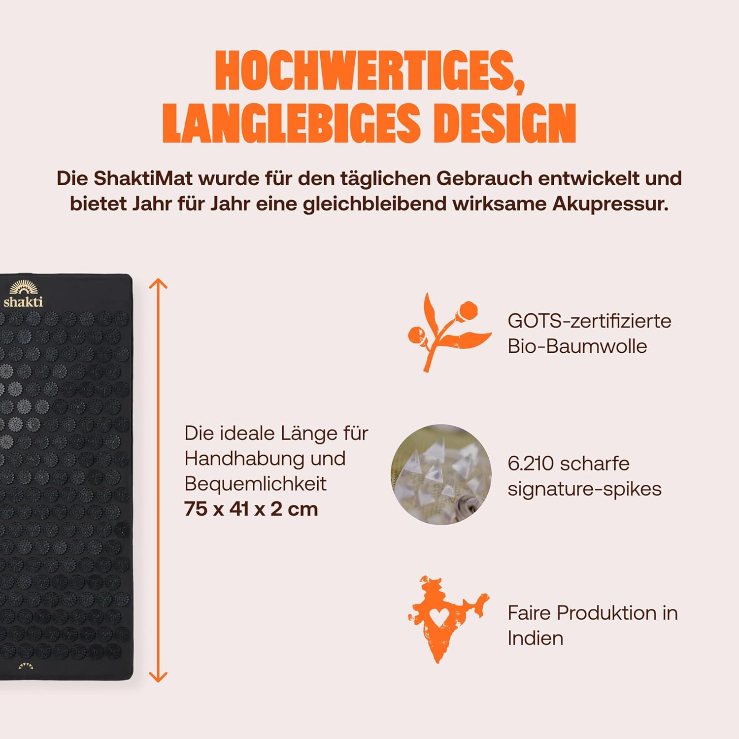 ShaktiMat (Das Original seit 2007) Premium-Akupressurmatte zur Entspannung für Rücken, Nacken, Füße, ethische Handarbeit, GOTS-zertifizierte Bio-Baumwolle, Original-Intensität, Onyxschwarz – Bild 3