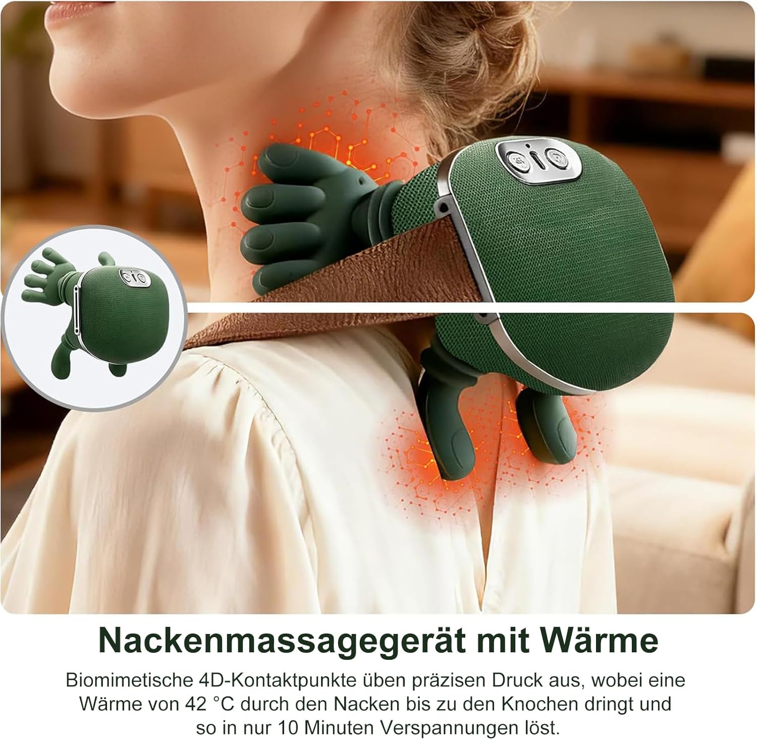 Massagegerät, 4D-Nackenmassagegerät mit Wärme, elektrisches USB-Schultermassagegerät, 3 Modi und 2 Wärmeeinstellungen, tragbares Nacken- und Schulter-Shiatsu-Massagegerät für Zuhause, Büro und Reisen – Bild 3