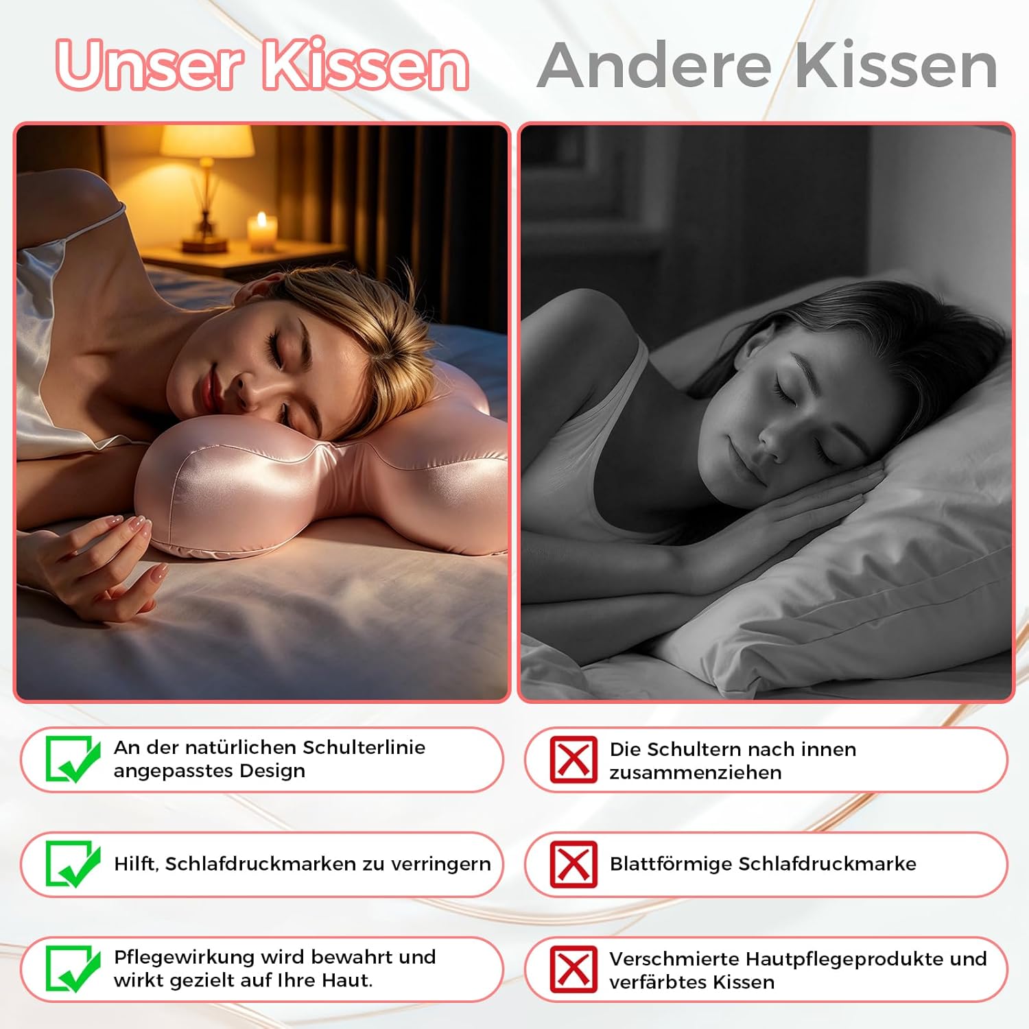 Seitenschläferkissen Anti-Falten, H-Form Schmetterlingskissen mit Bezug, Ergonomisches Memory Foam Nackenstützkissen Orthopädisch, Kopfkissen gegen Faltenbildung im Gesicht & Antitischnarch, Rosa – Bild 6