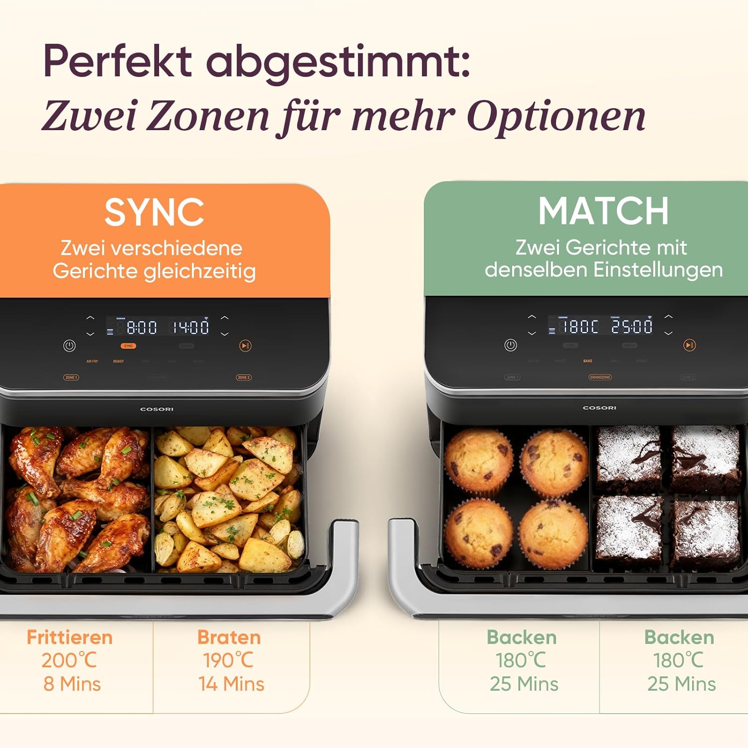 COSORI Heißluftfritteuse 2 Kammern, Dual Blaze TwinFry 10L Airfryer, mit 4 Heizrohren und flexiblen Kammern, gleichmäßige Wärmeverteilung, Temperatur bis zu 240 °C, Schwarz, TF102S – Bild 8