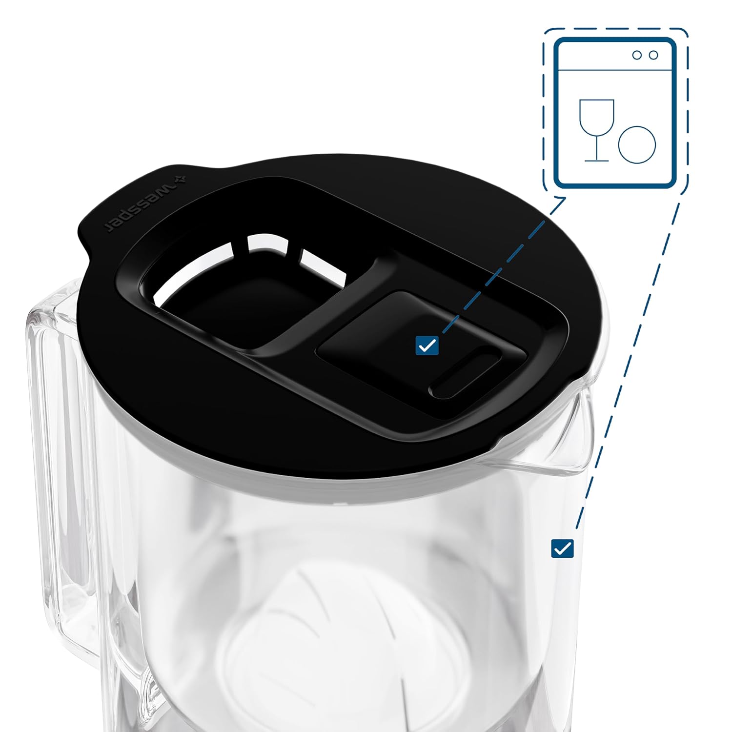 Wessper Glas-Wasserfilterkanne mit Wasserfilterkartuschen für Trinkwasser 2 L, Glaskanne mit intelligentem Filterzähler, Set inklusive 1 x Filter mit Aktivkohleschwarz – Bild 4