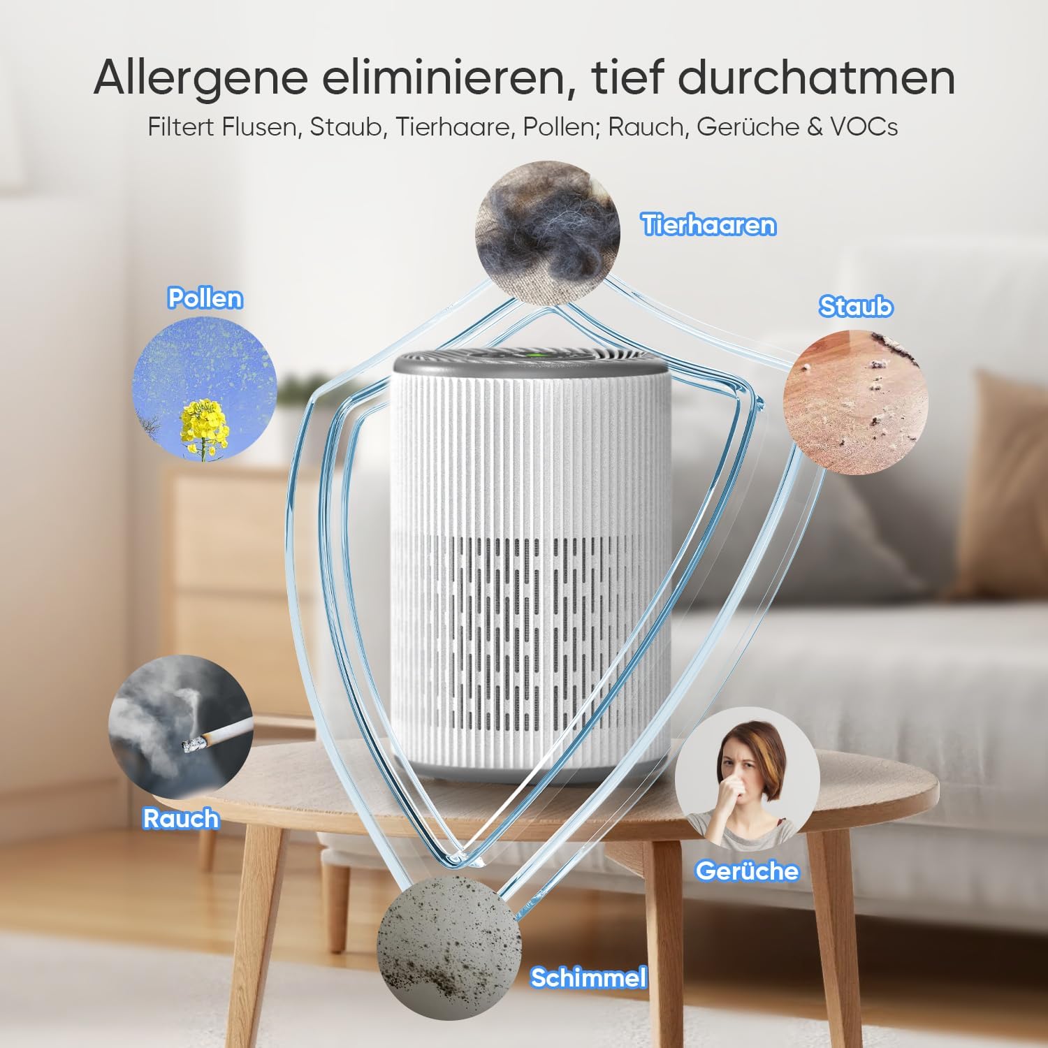 DAYETTE Tragbarer Luftreiniger für Allergiker mit Duftschwamm und blauem Nachtlicht, Timer, Schlafmodus (20 dB), HEPA-Luftfilter gegen Schimmel, Staub, Pollen, Gerüche, Tierhaare – Bild 7