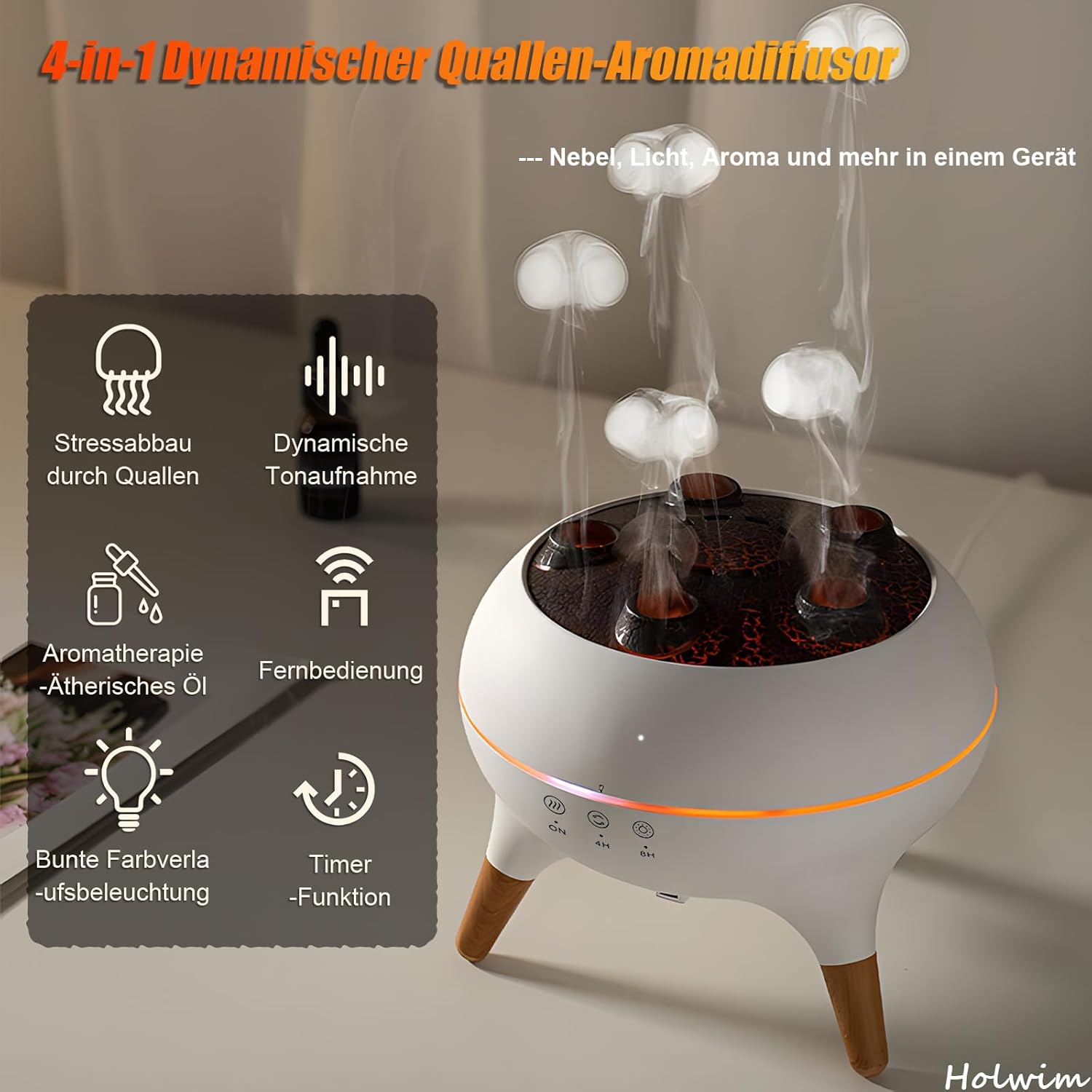 Quallen-Aroma-Diffusor, Duftöl-Diffusor für ätherische Öle, 250 ml Luftbefeuchter, Musiksynchronisation, Quallen mit 7-Farben-Licht, Fernbedienung und Timer für das Heimbüro (weiß) – Bild 2