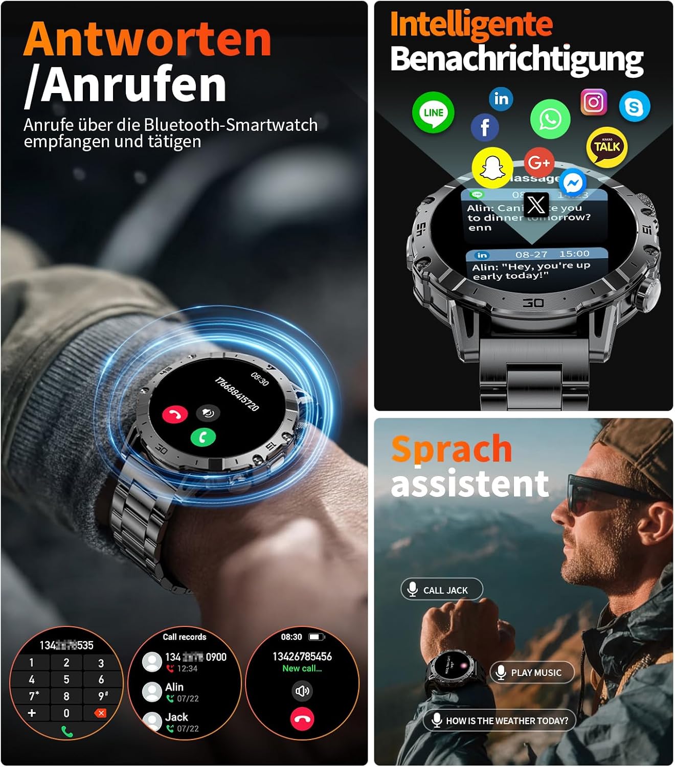 EF18-A Herren-Smartwatch mit 1000 mAh großem Akku, Taschenlampe, Bluetooth-Anruf, 1,7 Zoll Fitnessuhr mit 110+ Sportmodi, Herz- & Schlaf-Tracking, wasserdicht für iOS/Android, 3 Armbänder + 2 Ladegeräte – Bild 3