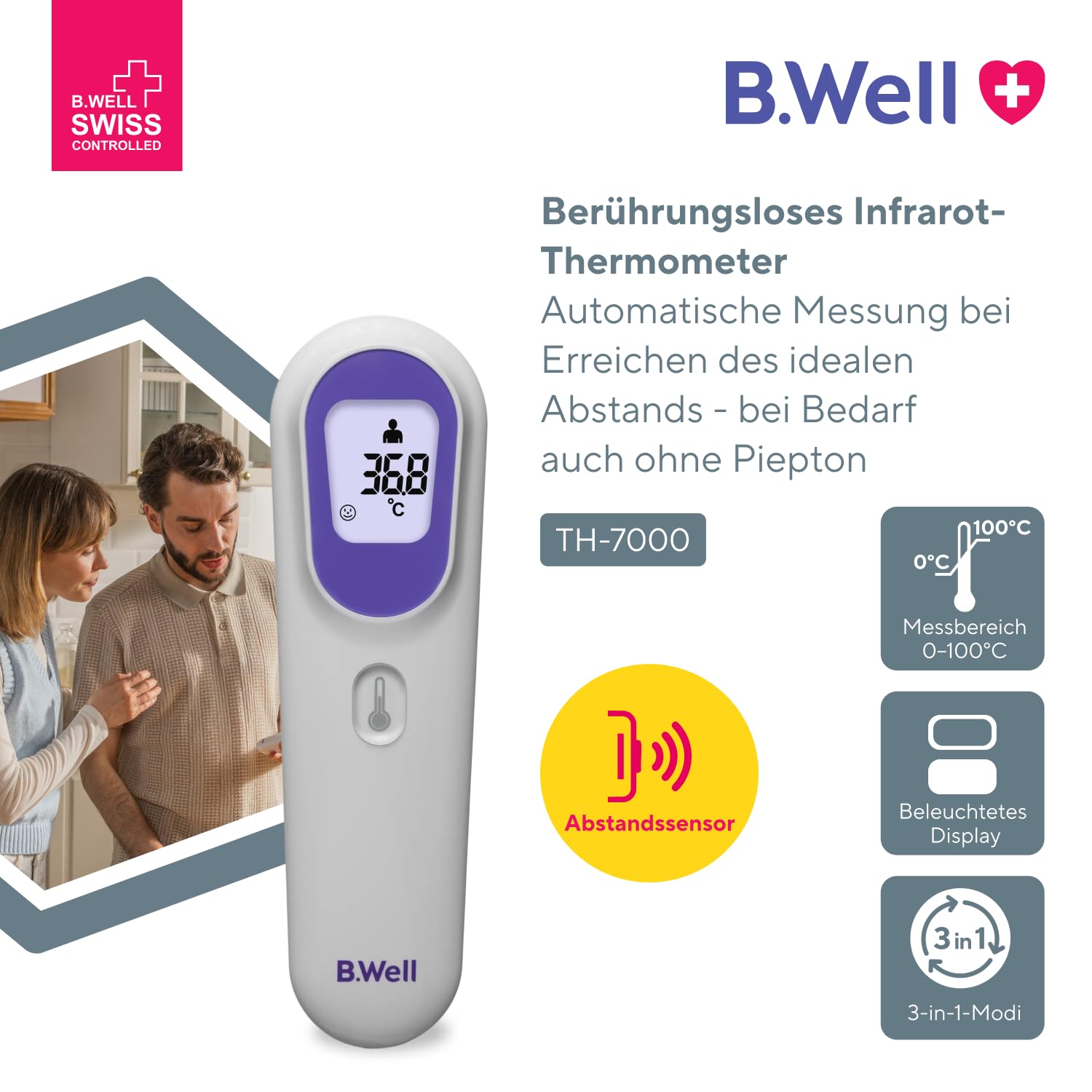 B.Well Schweizer berührungsloses Infrarot-Thermometer TH-7000, 3-in-1-Temperaturmessgerät für Körper, Wasser, Luft und Oberflächen von 0-100 °C, mit Distanzsensor und Nachtmodus, Schweizer Qualität – Bild 2