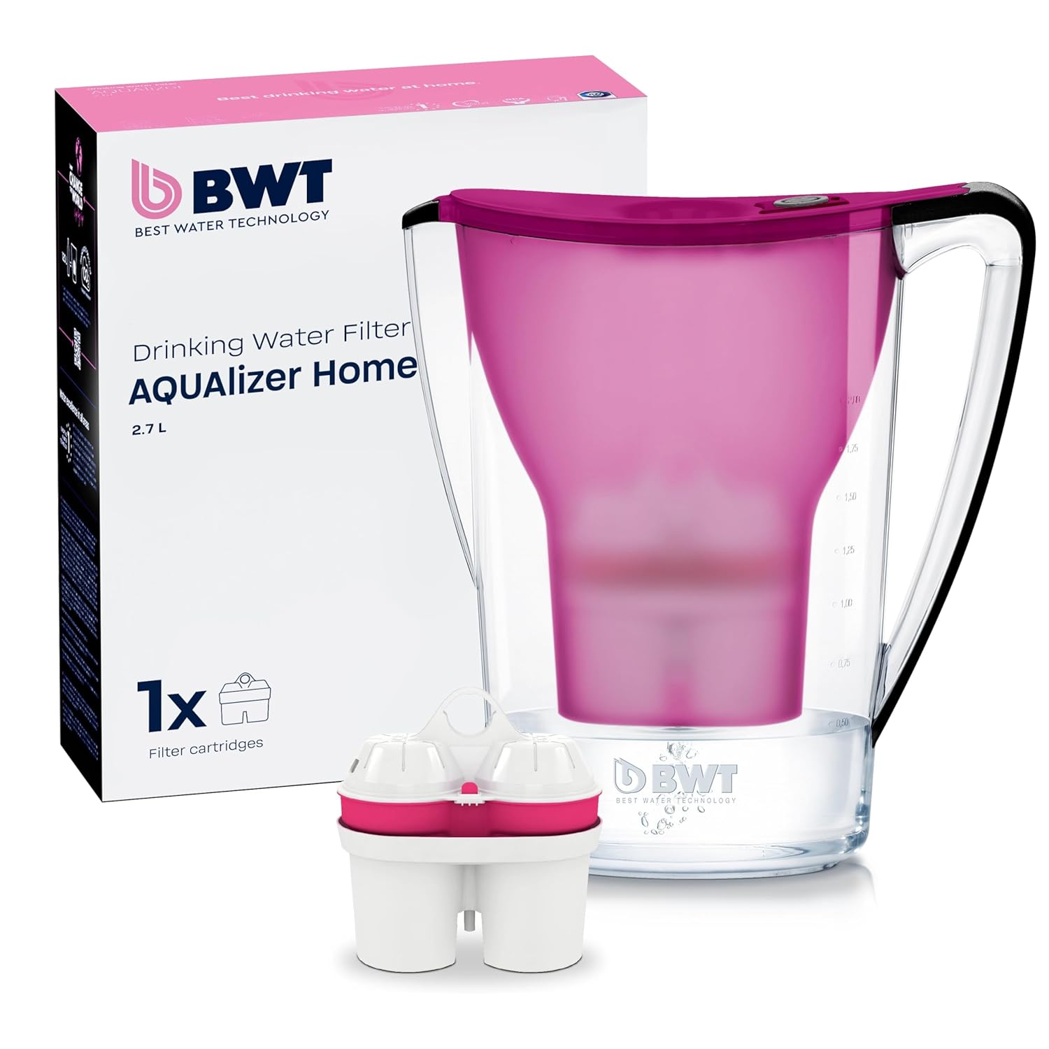 BWT Aqualizer Home Wasserfilter Aubergine inkl. 1 Magnesium-Filterkartusche, Wasserfilter Trinkwasser für Lebensmittel & Getränke, filtert Kalk, Chlor, Blei & Kupfer