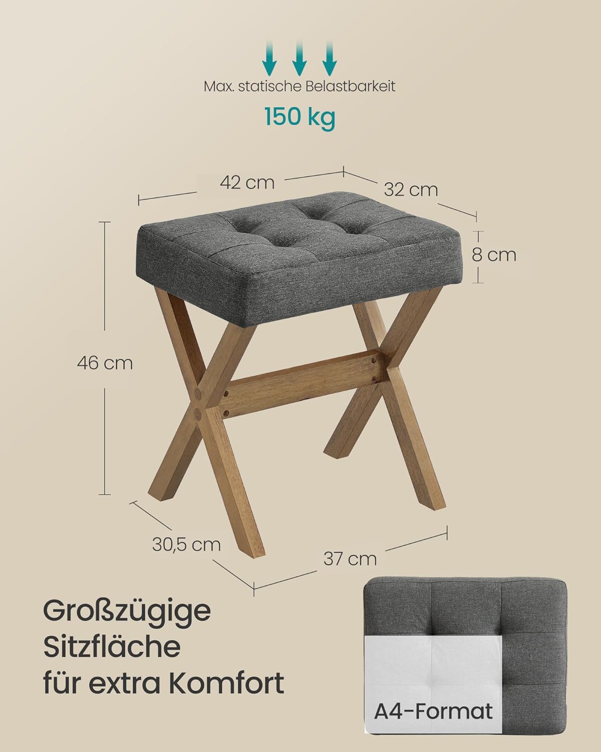 SONGMICS Make-up-Hocker, gepolsterter Hocker, Holzbeine, Fußhocker, Schlafzimmer, Ankleidezimmer, Flur, 32 x 42 x 46 cm, Schiefergrau, Braun, SPF006GN01 – Bild 2