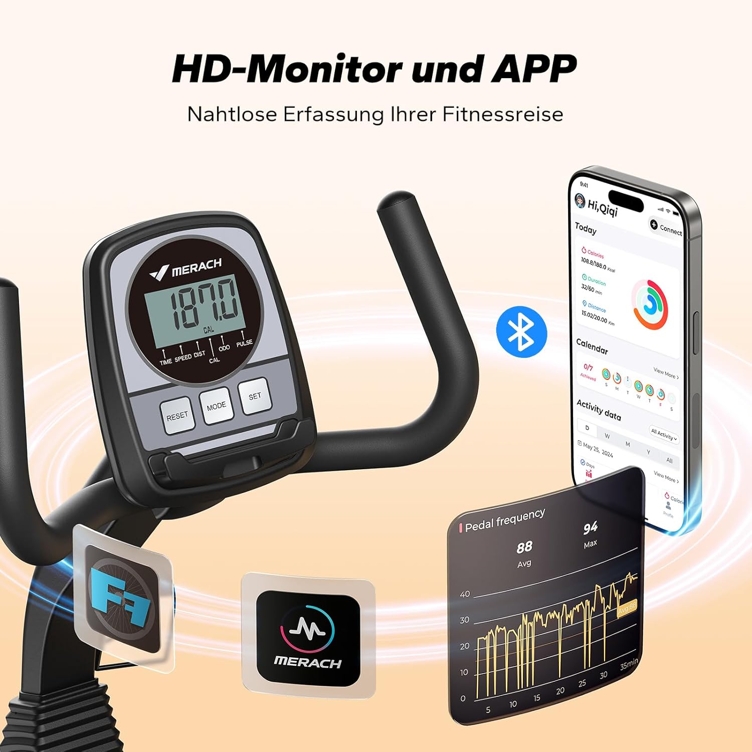 MERACH Liege-Heimtrainer für zu Hause mit 8 einstellbaren Widerstandsstufen, leichter kommerzieller Heimtrainer mit Smart Bluetooth, exklusiver App-Konnektivität, LCD-Display, Herzfrequenzsensoren – Bild 8