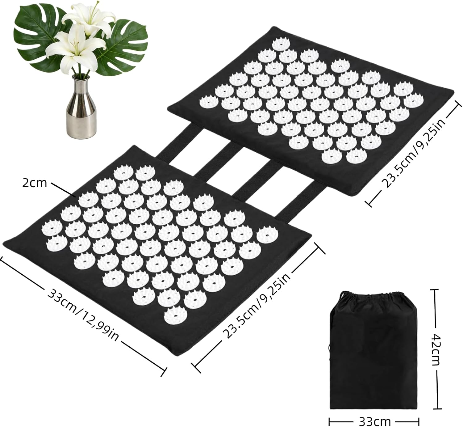 2 x 33 cm große Akupressurmatte für Füße und Rücken – medizinisches Nagelbrett mit 110 ABS-Spitzen, waschbare Faszienmatte mit Aufbewahrungstasche – Bild 2