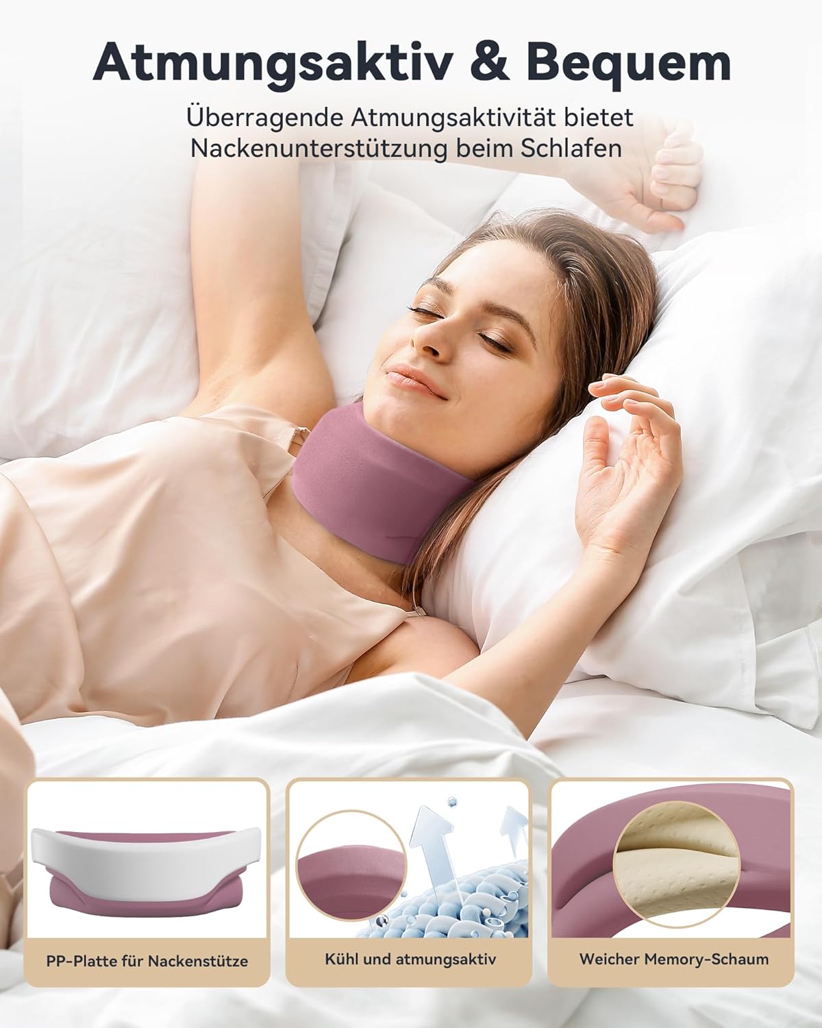 Nackenstütze bei Nackenschmerzen, weiche & verstellbare Nackenstütze zum Schlafen, Nackenstütze zur Unterstützung der Halswirbelsäule, Druckentlastung, für Damen und Herren (Magenta, M) – Bild 5