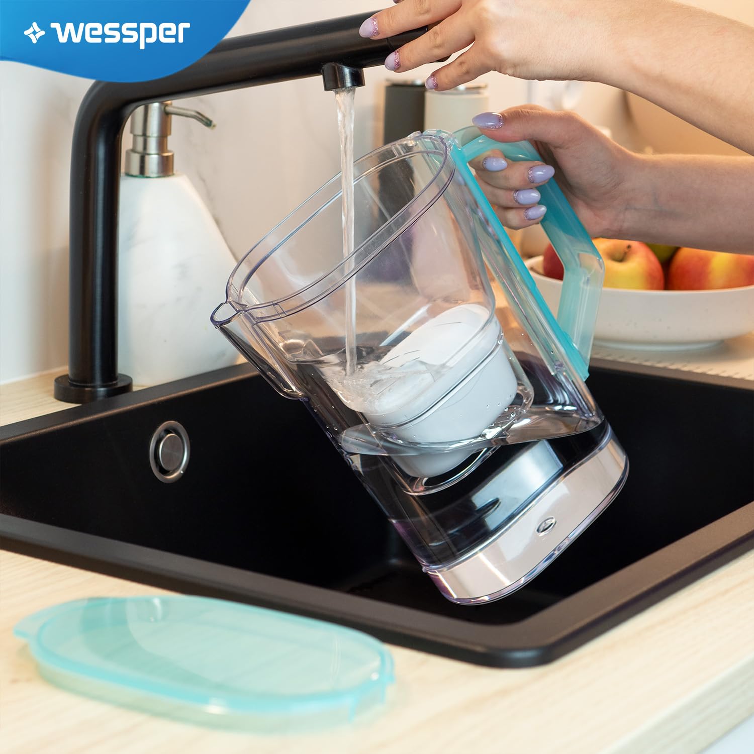 Wessper Wasserfilterkanne 2,7 l – kompatibel mit Brita Maxtra Filterkartusche – inklusive 1 Filterkartusche – reduziert Kalkablagerungen – ideal für Kühlschranktür – Mint – Bild 6