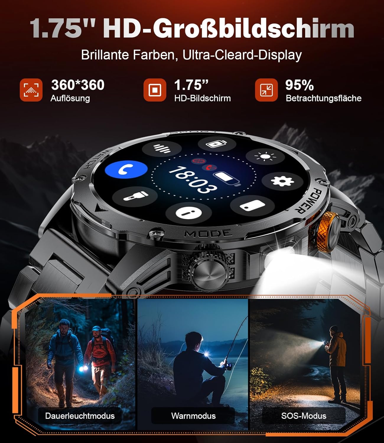 Smartwatch Herren Militär 1000 mAh Akku/1,75 Zoll HD großes Display, Smartwatch mit Taschenlampe/Bluetooth-Anrufe/130+ Sportmodi, IP68 wasserdichte Fitnessuhr mit Herzfrequenz-/Schlafmonitor, für Android iOS – Bild 3