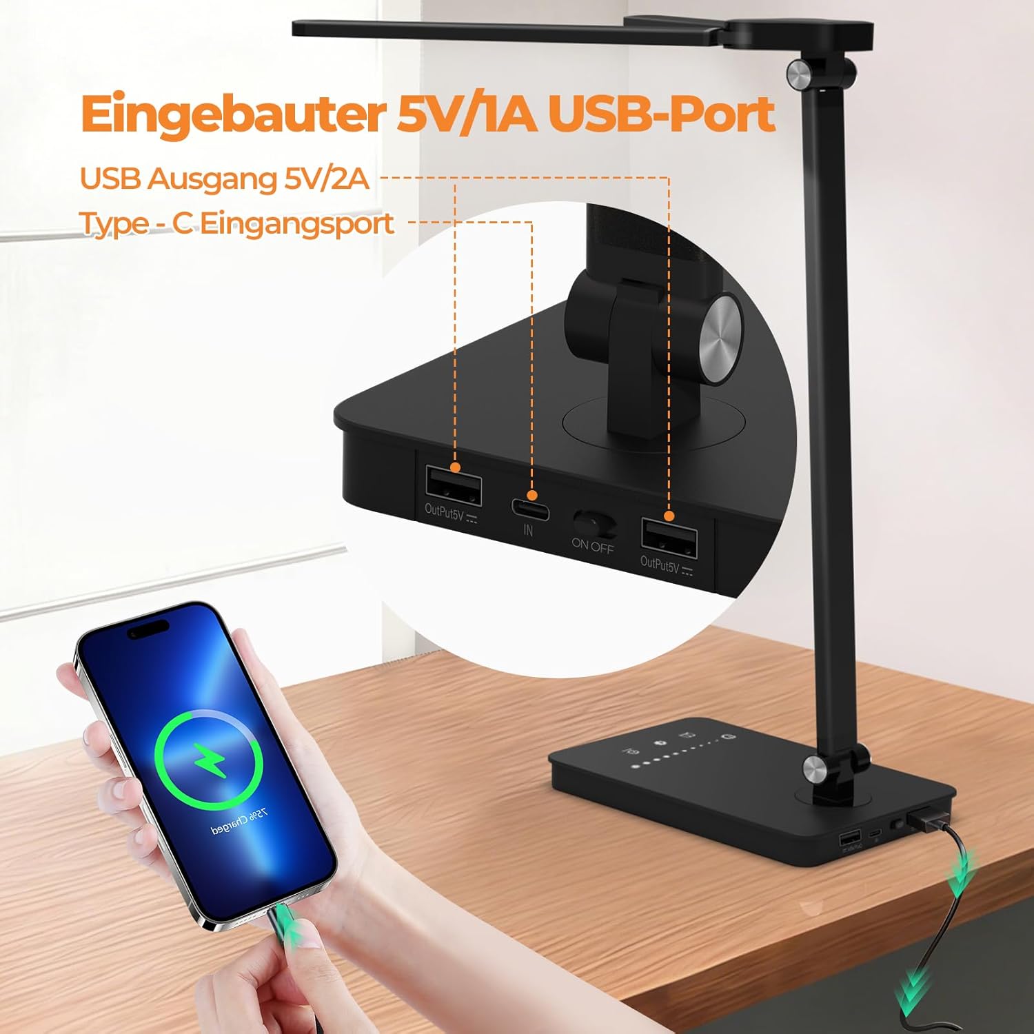Schreibtischlampe LED dimmbar mit 4000 mAh Akku, 5 Farben und 10 Helligkeitsstufen – kabellose Tischlampe mit USB-Anschluss, Touch-Steuerung und Timer für Kinder, Büro und Lesen (schwarz) – Bild 3