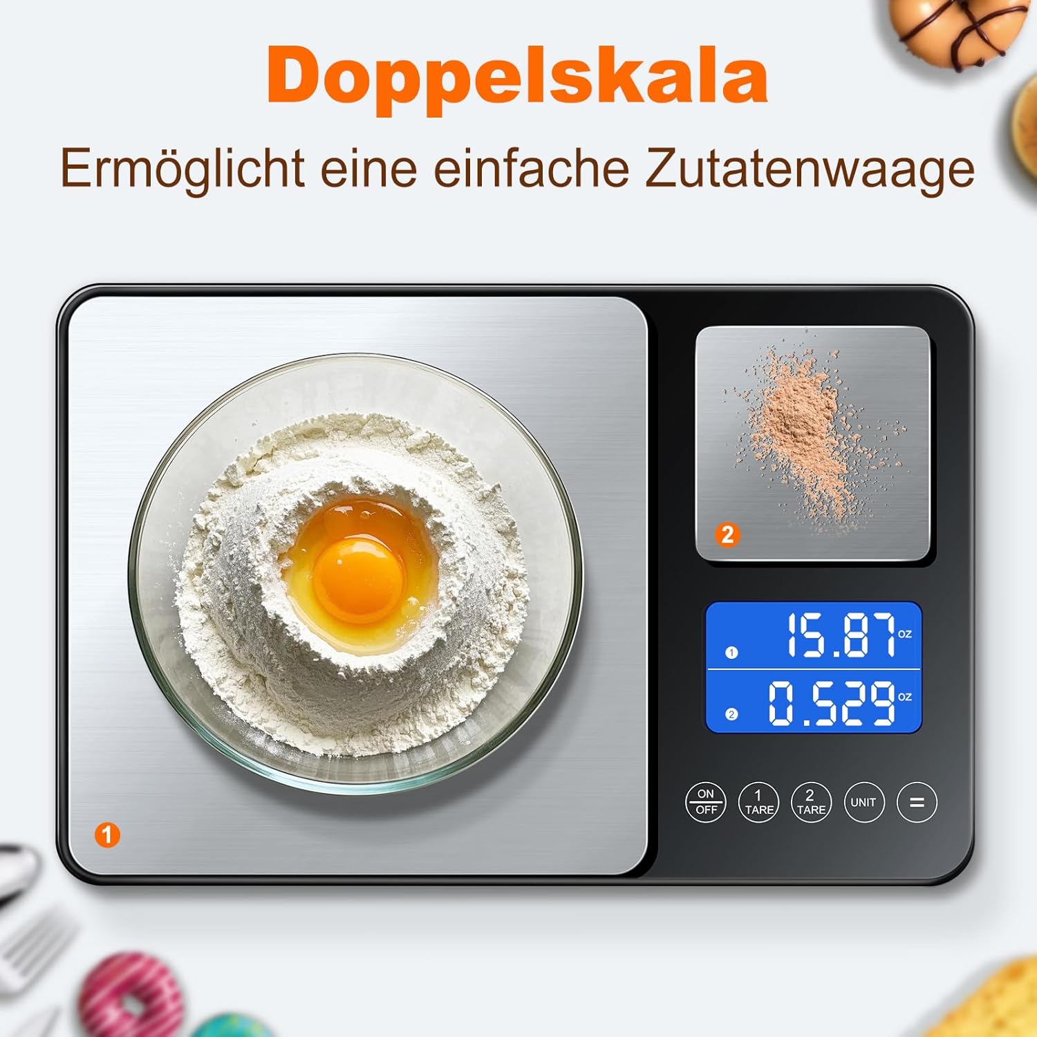 Digitale Küchenwaage mit LCD-Display und Tara-Funktion, präzise 1-g-Messung zum Backen und Kochen, poliertes Silber – Bild 3