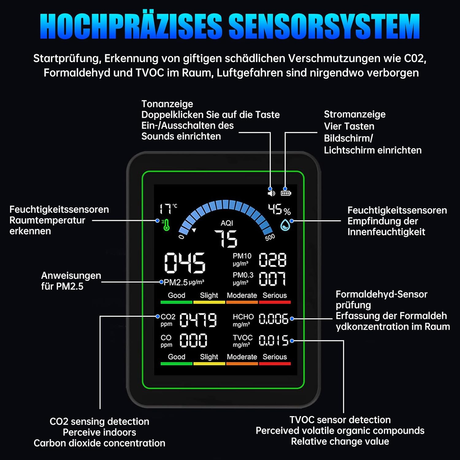 10-in-1-Luftqualitätsmonitor mit 2,8-Zoll-Farbdisplay und 4-Farben-Alarm, Messung von CO₂, PM1,0/PM2,5/PM10, HCHO, Temperatur und Luftfeuchtigkeit. Luftüberwachungsgerät mit Typ C für Zuhause – Bild 2