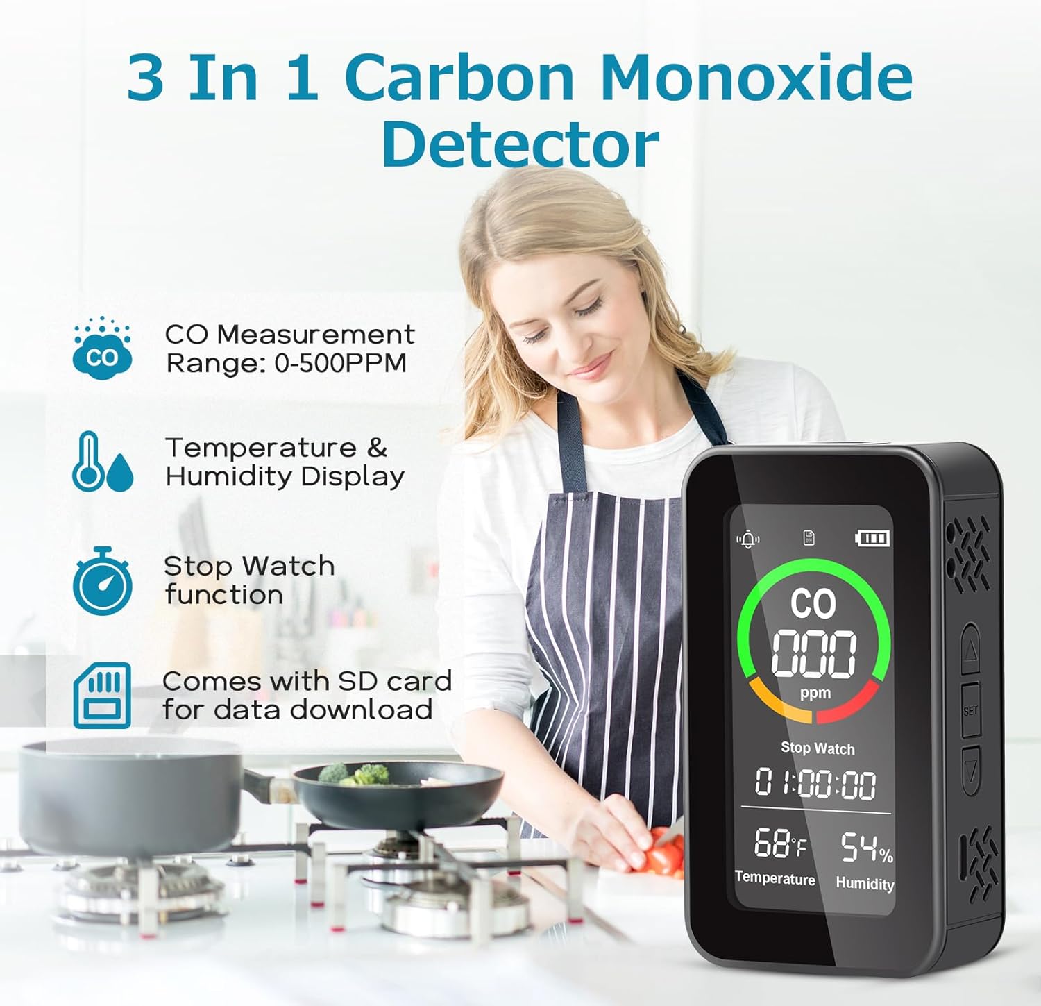 CF-9R Kohlenmonoxidmelder, CO-Detektor, Luftqualitätsmonitor mit akustischen und optischen Alarmen, Taschenlampe, Stoppuhr, Temperatur-Feuchtigkeitssensor für Zuhause, Reisen, Camping – Bild 8