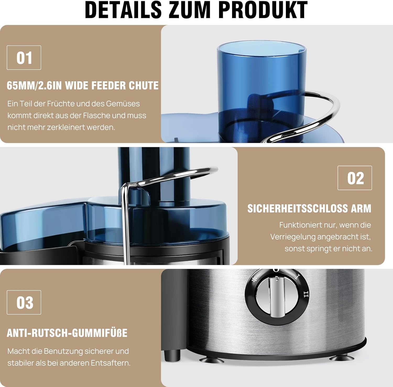 Entsafter für Obst und Gemüse aus Edelstahl, elektrischer Entsafter, Extraktor, maximale Leistung 1000 W, Zentrifuge, 65 mm Einfüllöffnung und 2 Geschwindigkeiten, Anti-Tropf-Funktion und Überhitzungsschutz – Bild 5