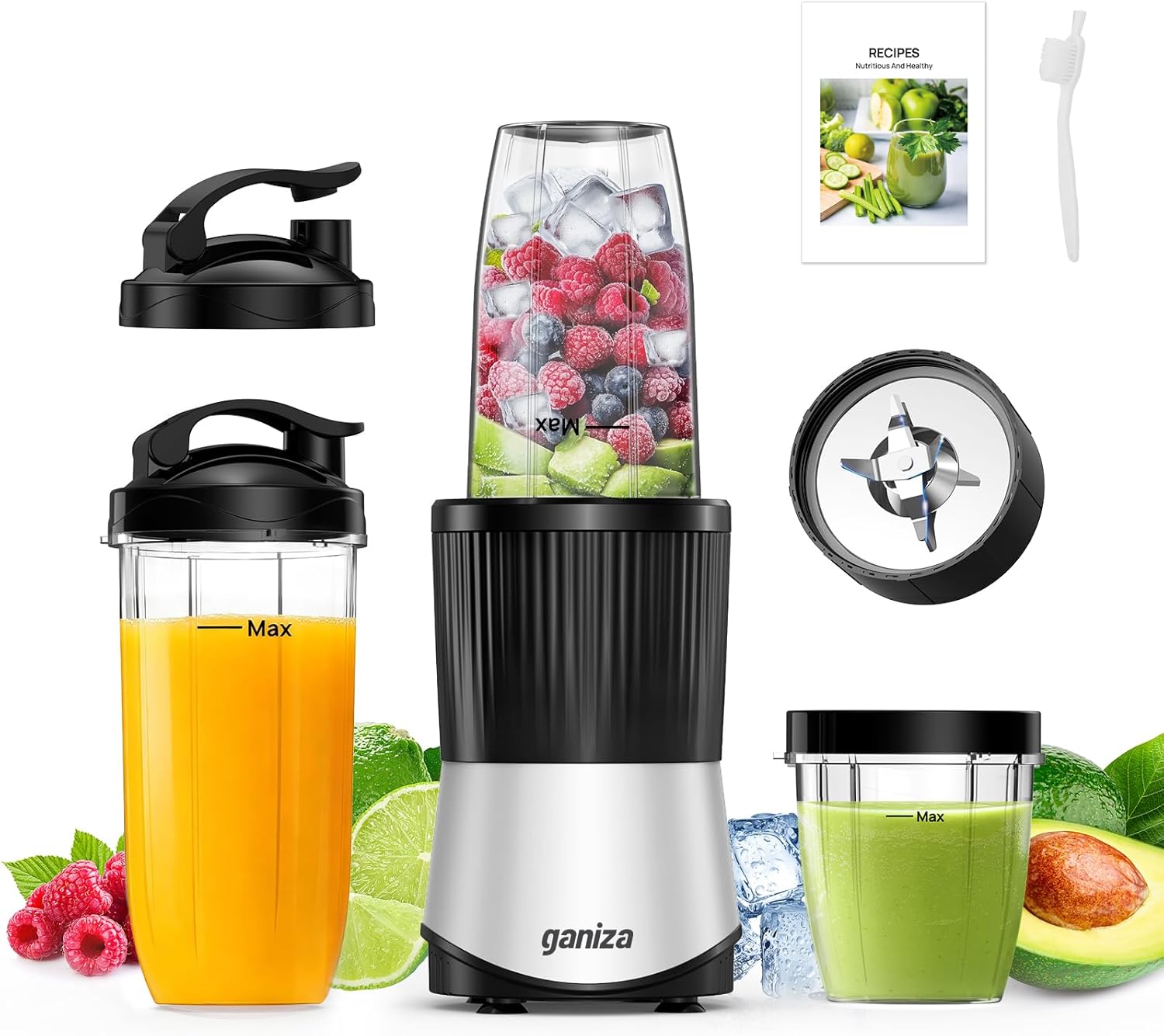 Ganiza Smoothie Maker, 900 W Mini-Standmixer, Mixer mit 25.000 U/min, 3 Tritan-To-Go-Becher (300 ml, 500 ml und 700 ml), 4 asymmetrische Klingen, für jede Art von Shake und Smoothie, Silber/Schwarz